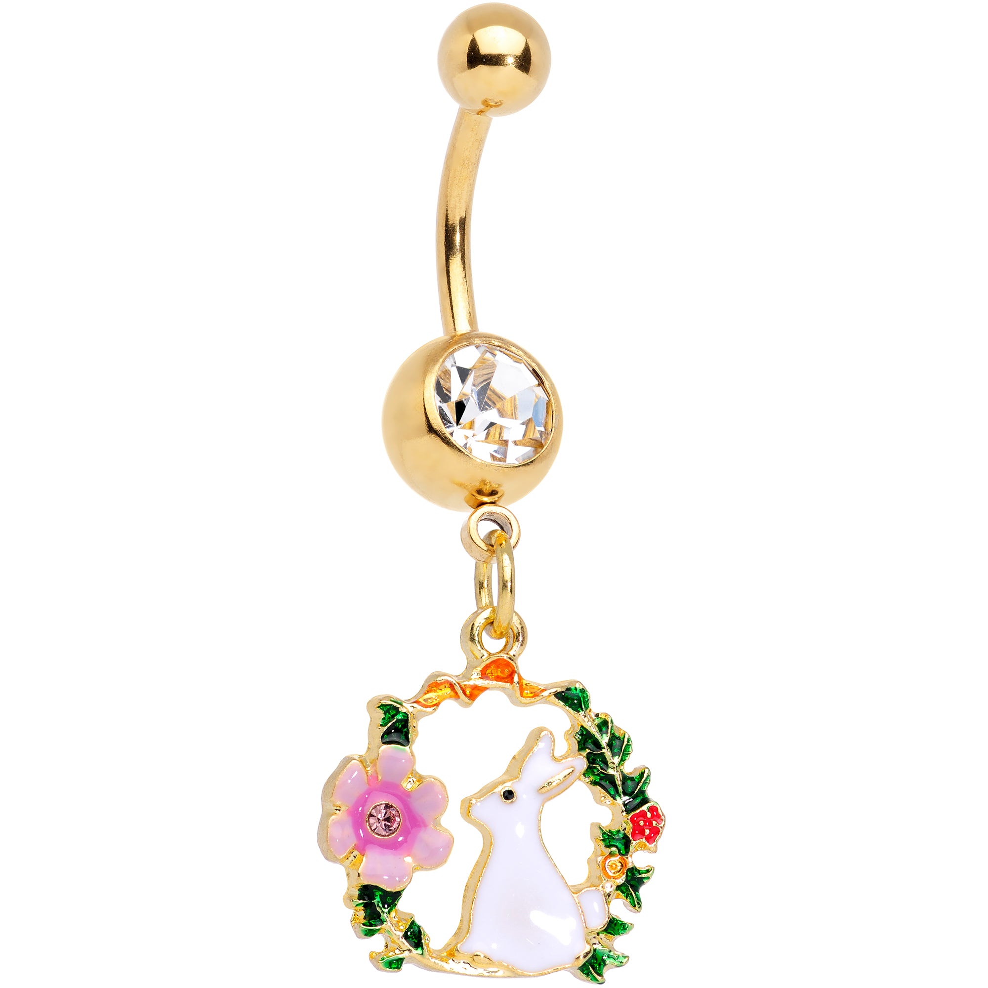 Clear Gem Gold Tone Bunny Rabbit Flower Wreath Dangle Belly Ring