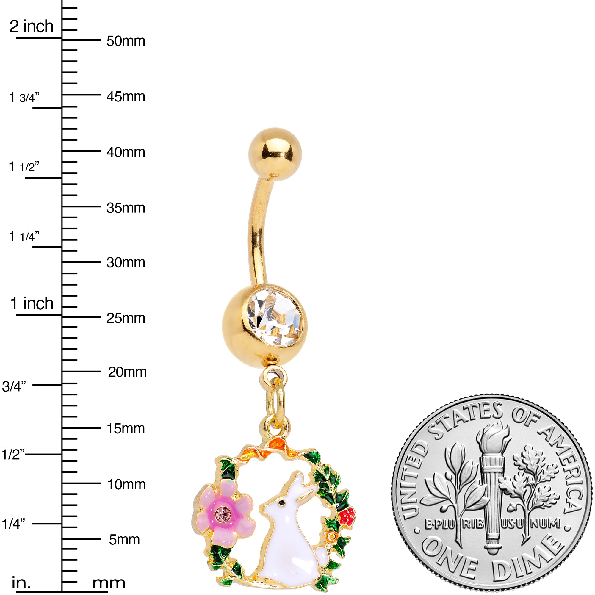 Clear Gem Gold Tone Bunny Rabbit Flower Wreath Dangle Belly Ring