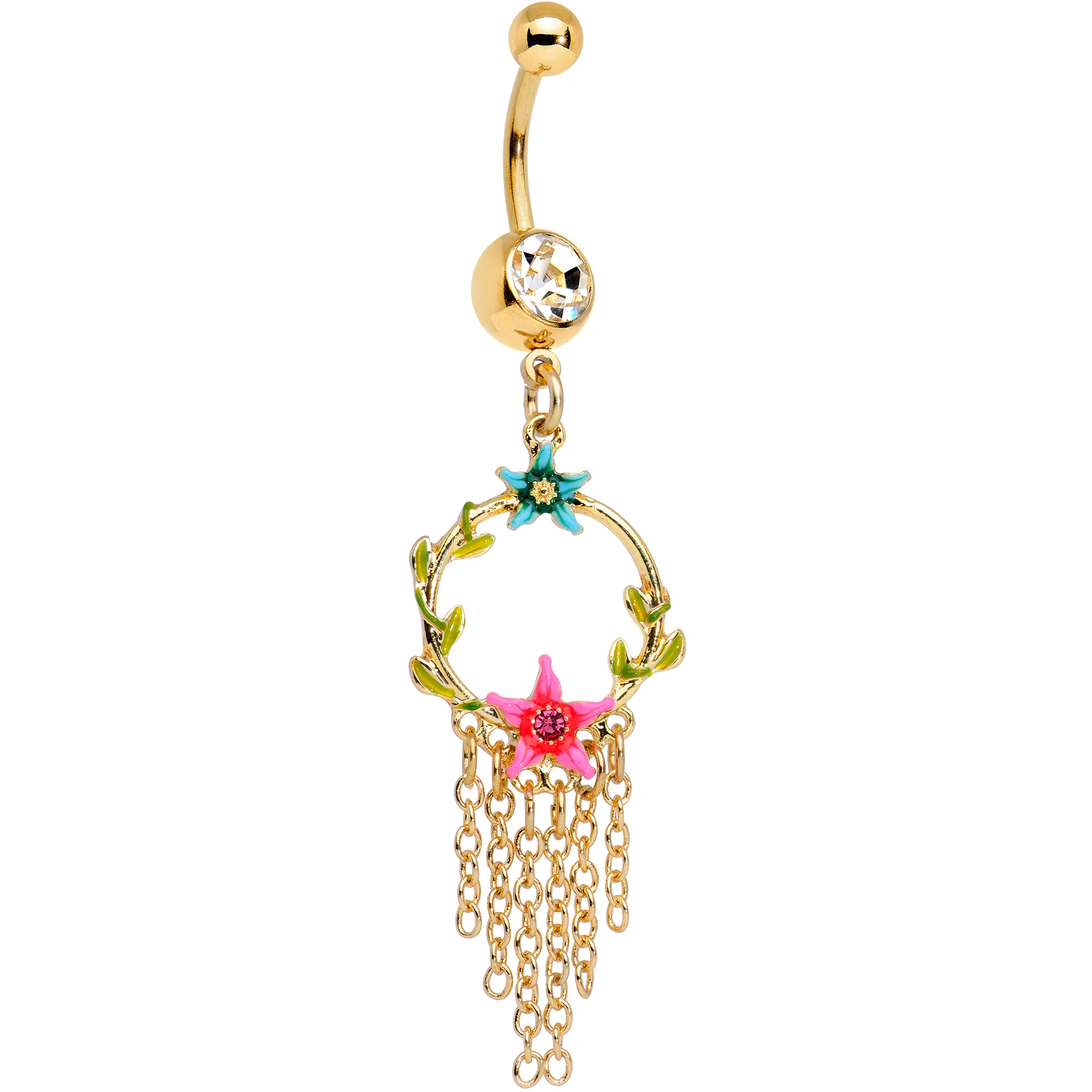 Clear Pink Gem Gold Tone Pink Blue Star Chain Dangle Belly Ring