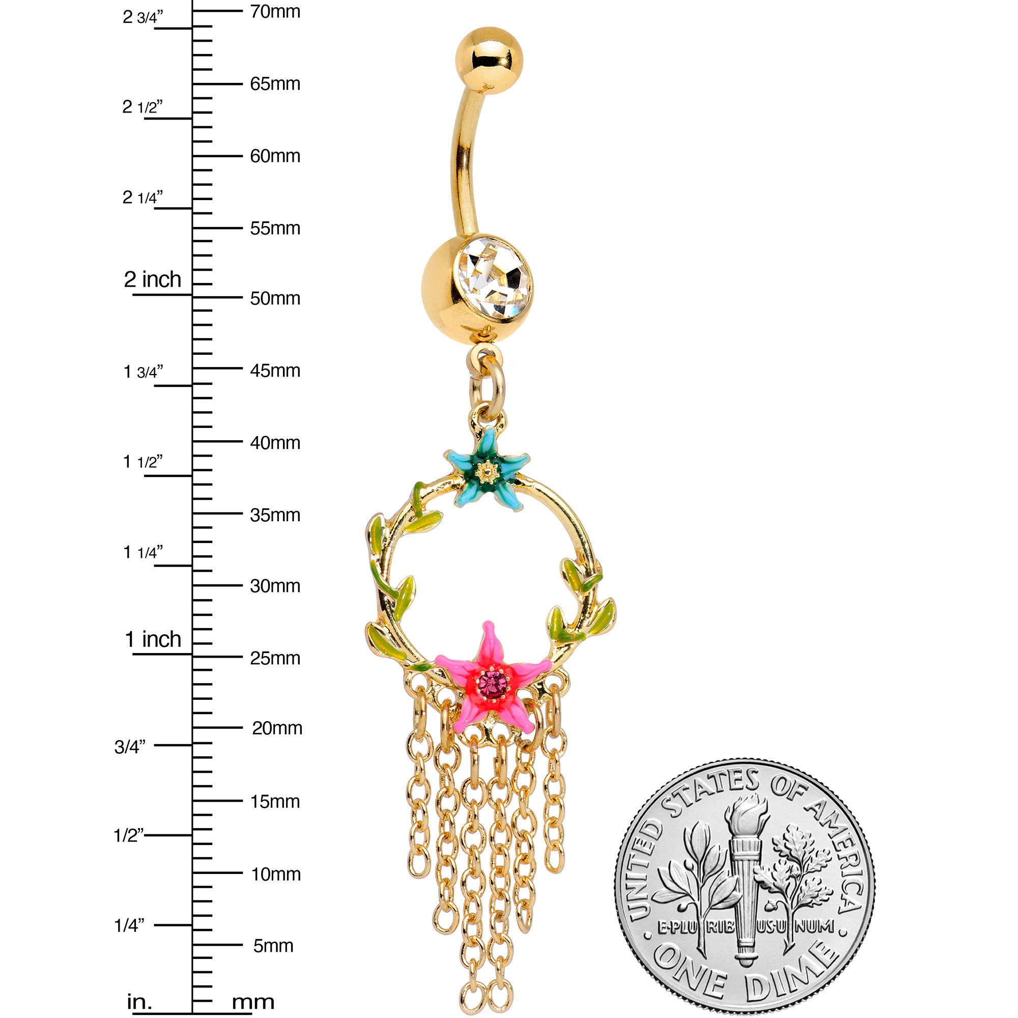 Clear Pink Gem Gold Tone Pink Blue Star Chain Dangle Belly Ring