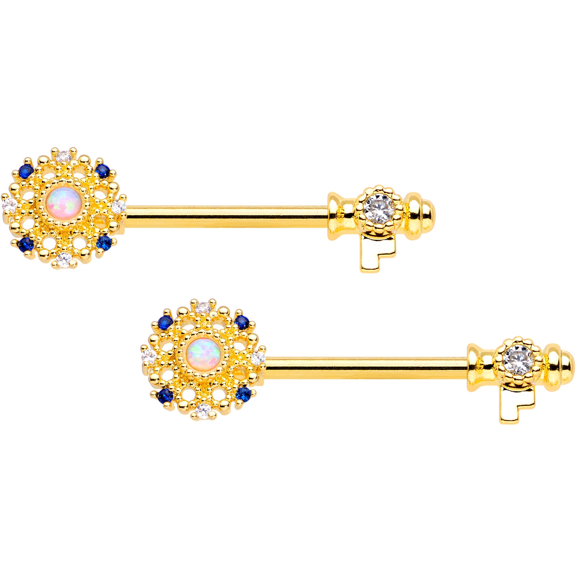 14 Gauge 9/16 White Synthetic Opal Gold Tone Key Nipple Ring Set