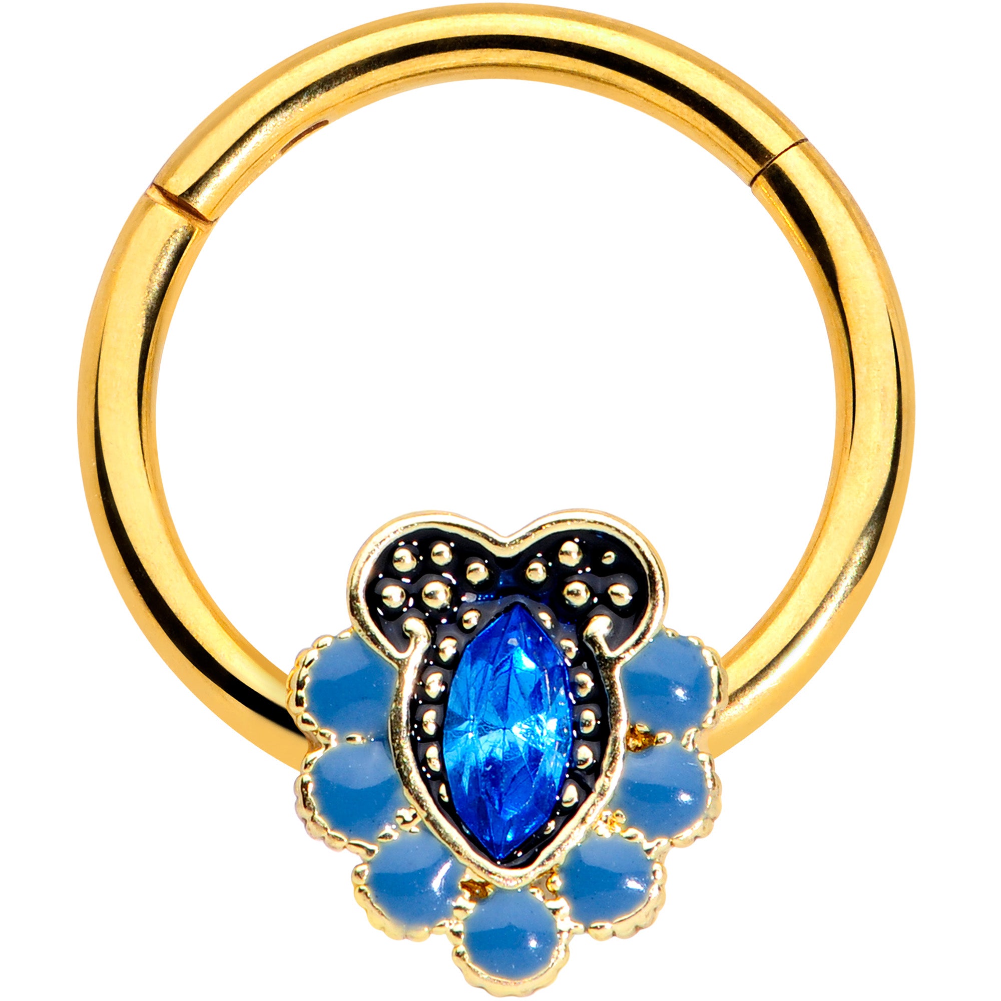 16 Gauge 3/8 Blue Gem Gold Tone Opulent Oval Hinged Segment Ring