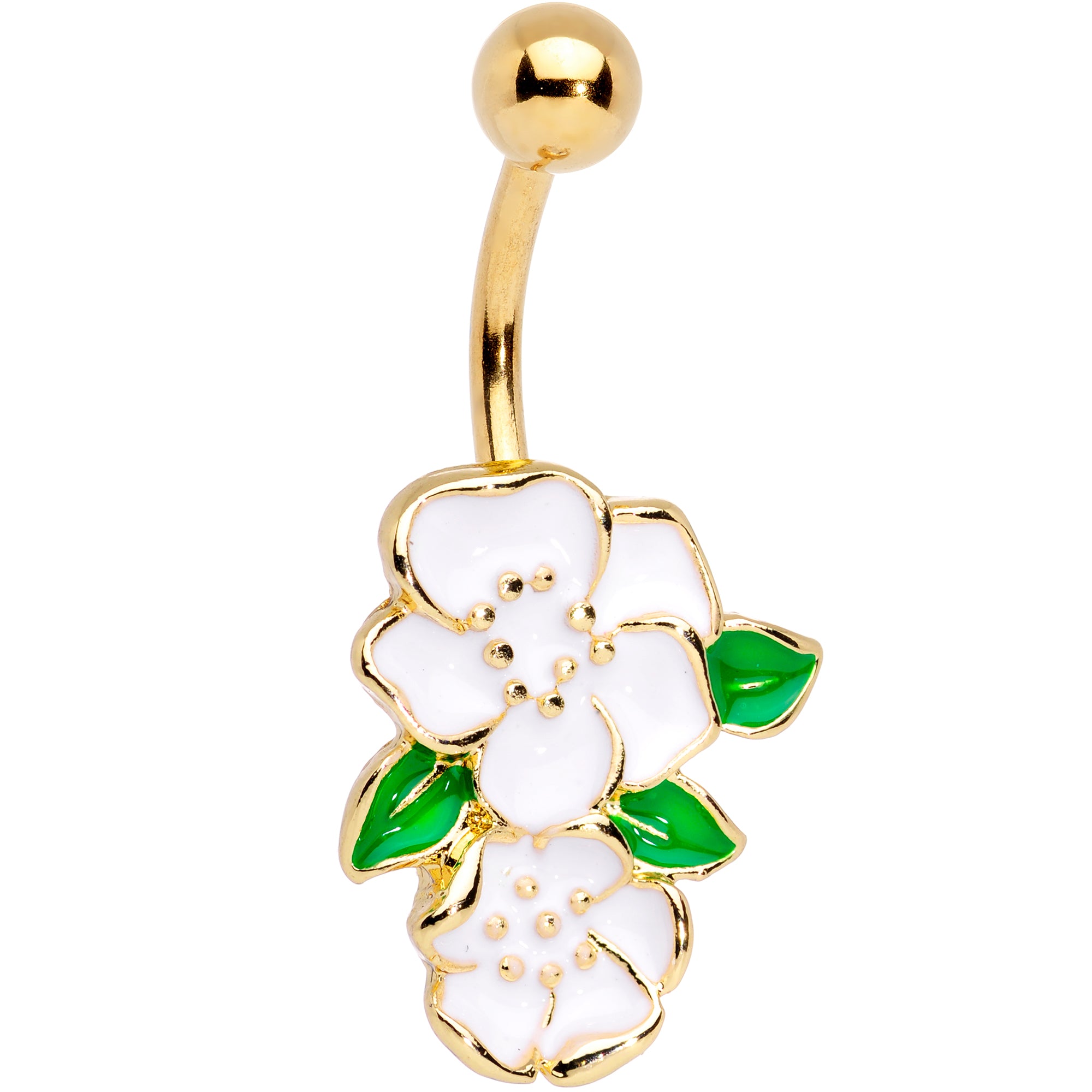 Gold Tone Green Leaf White Spring Flowers Belly Ring