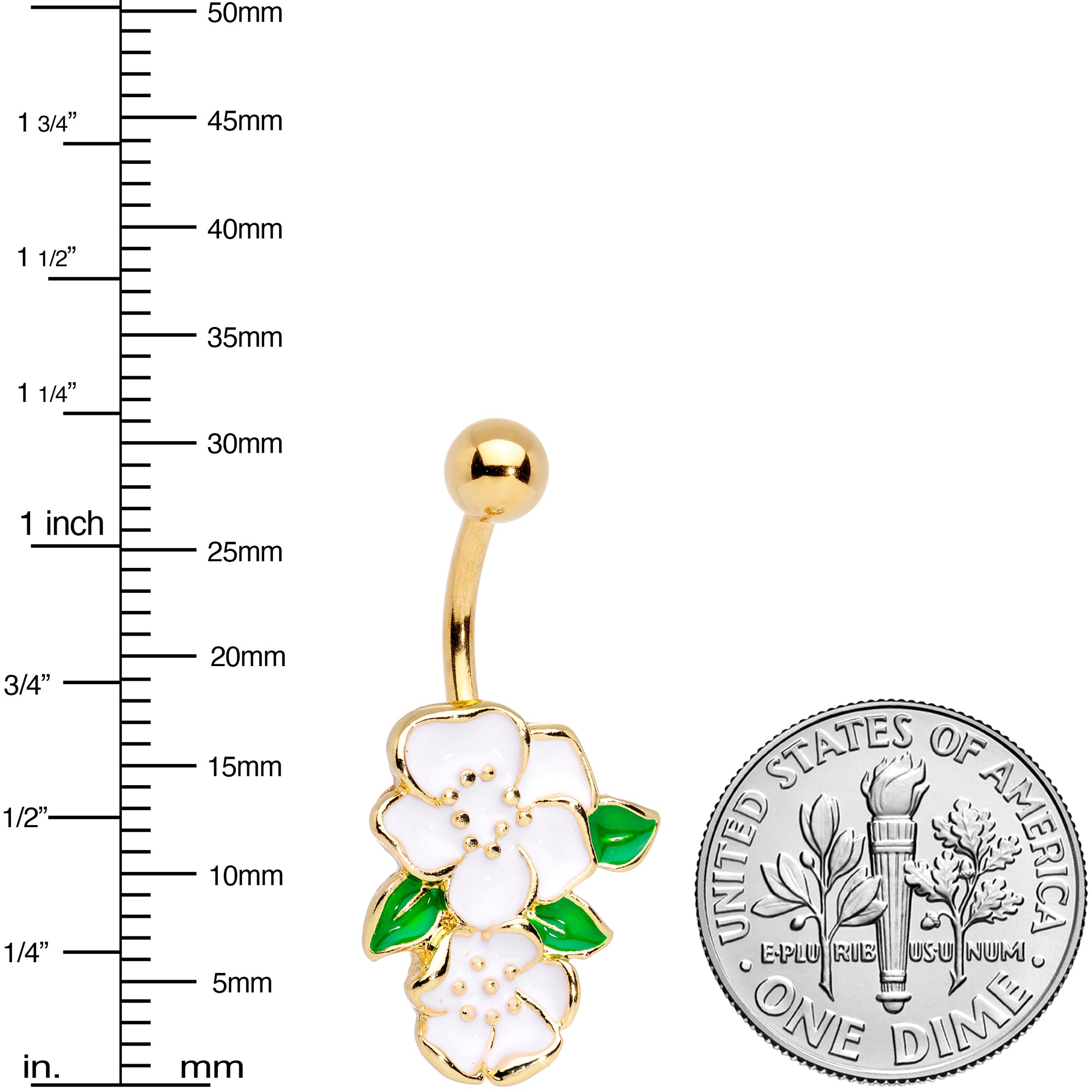 Gold Tone Green Leaf White Spring Flowers Belly Ring