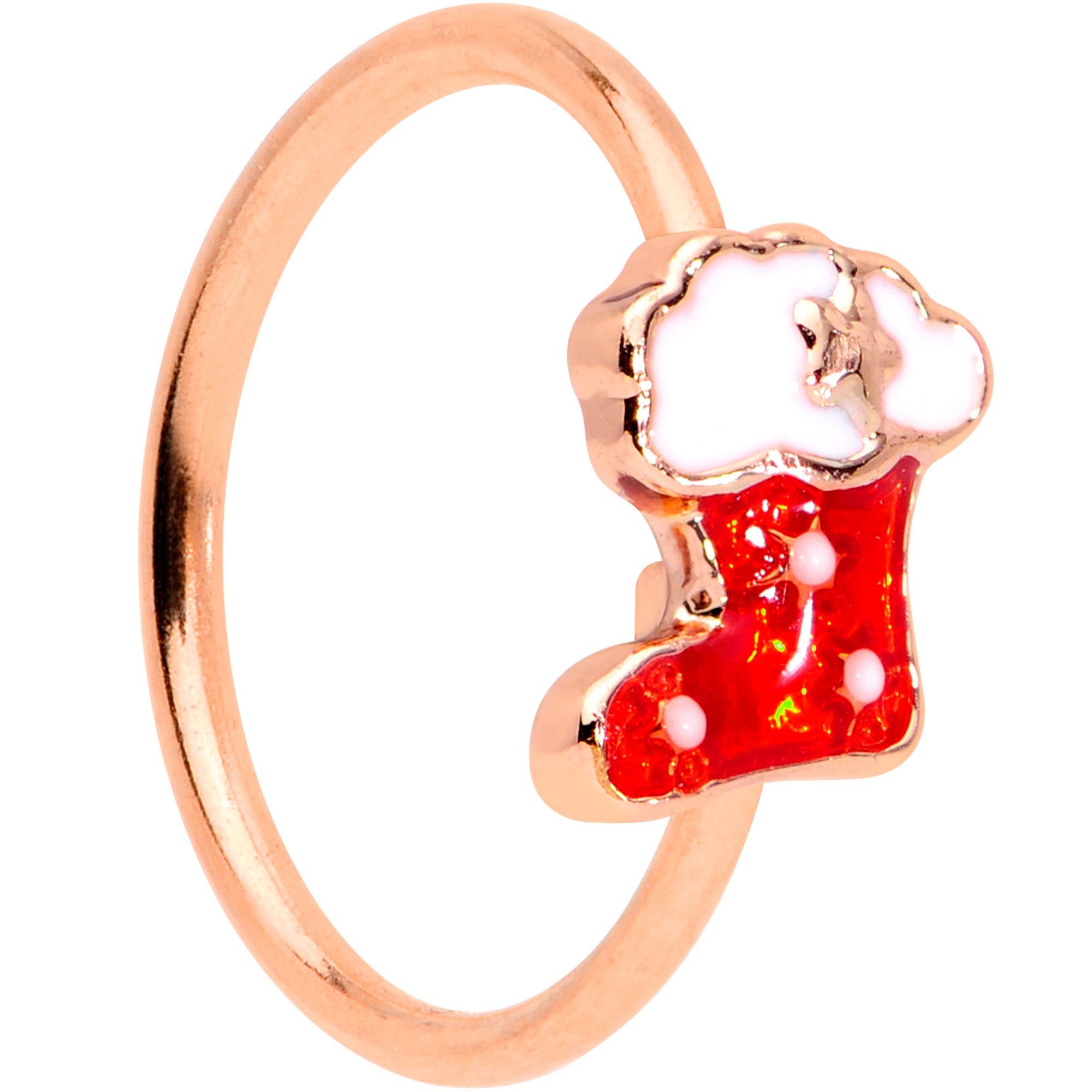 20 Gauge 5/16 Rose Gold Tone Red Christmas Stocking Nose Hoop