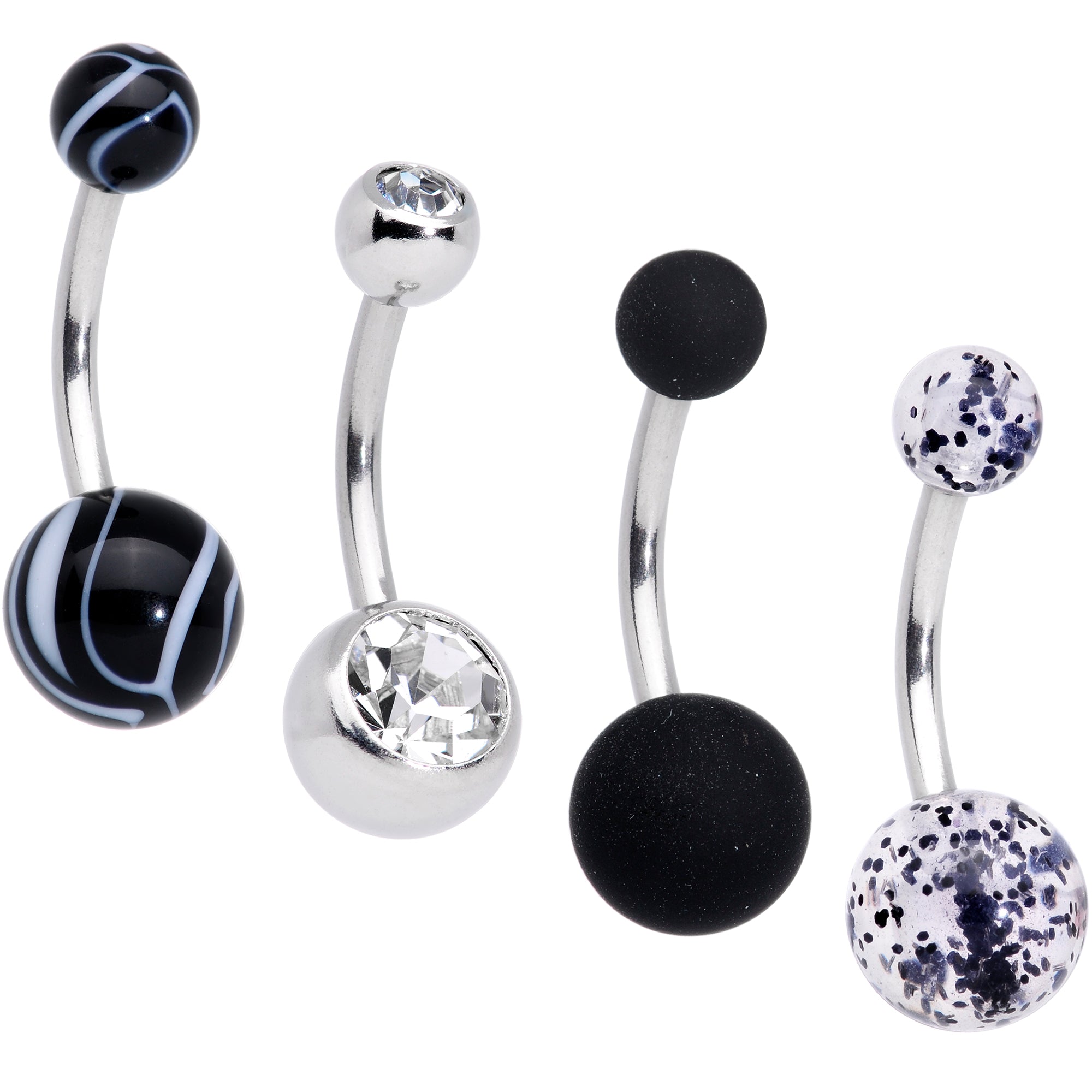 Clear Gem Beauty in Black UV Glow Marbelized Belly Ring Set of 4