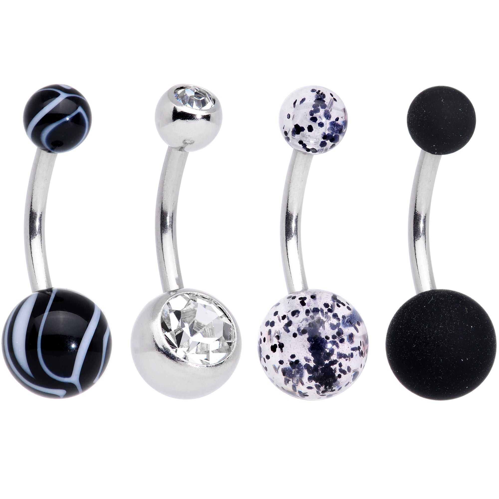 Clear Gem Beauty in Black UV Glow Marbelized Belly Ring Set of 4