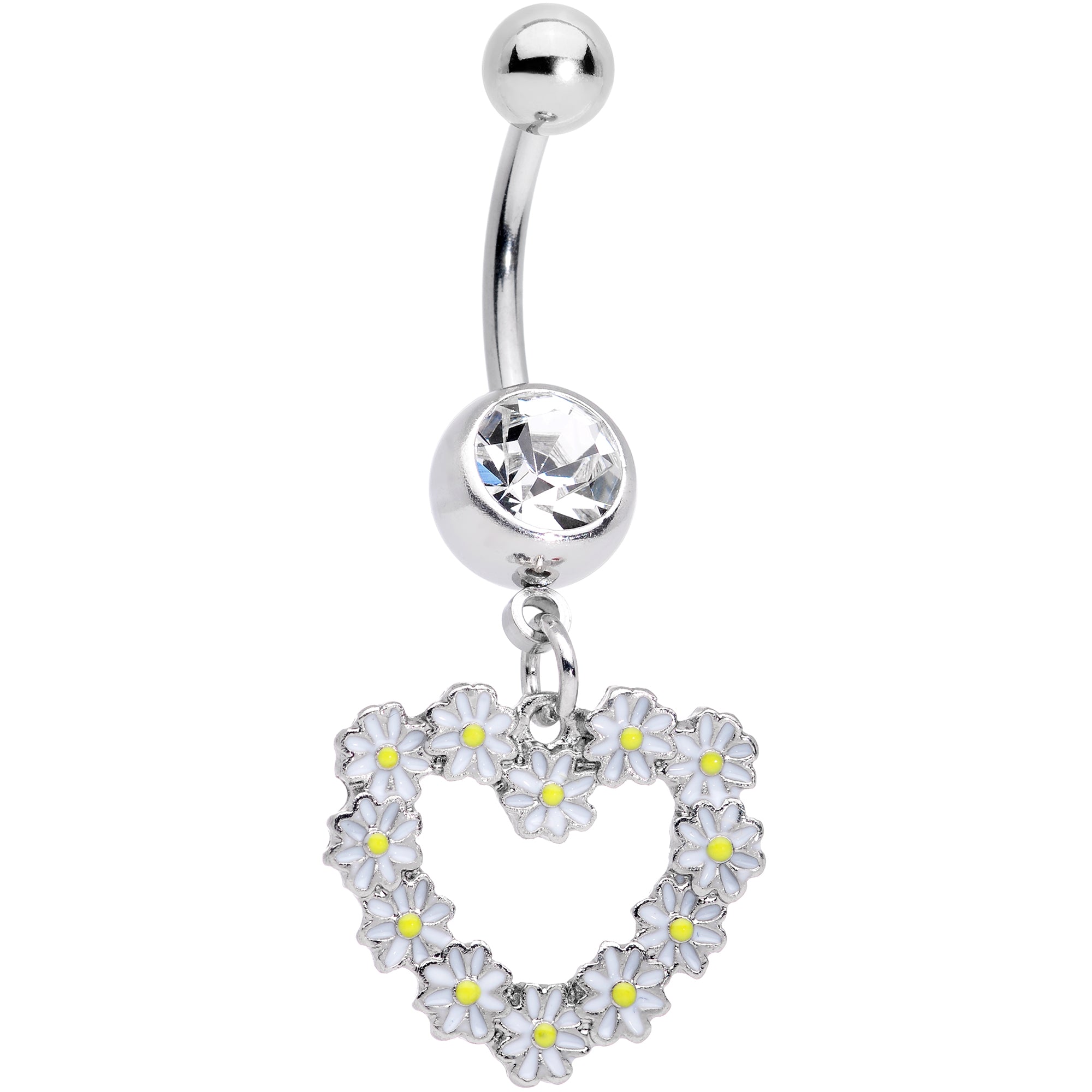 Clear Gem Daisy Flower Heart Valentines Dangle Belly Ring