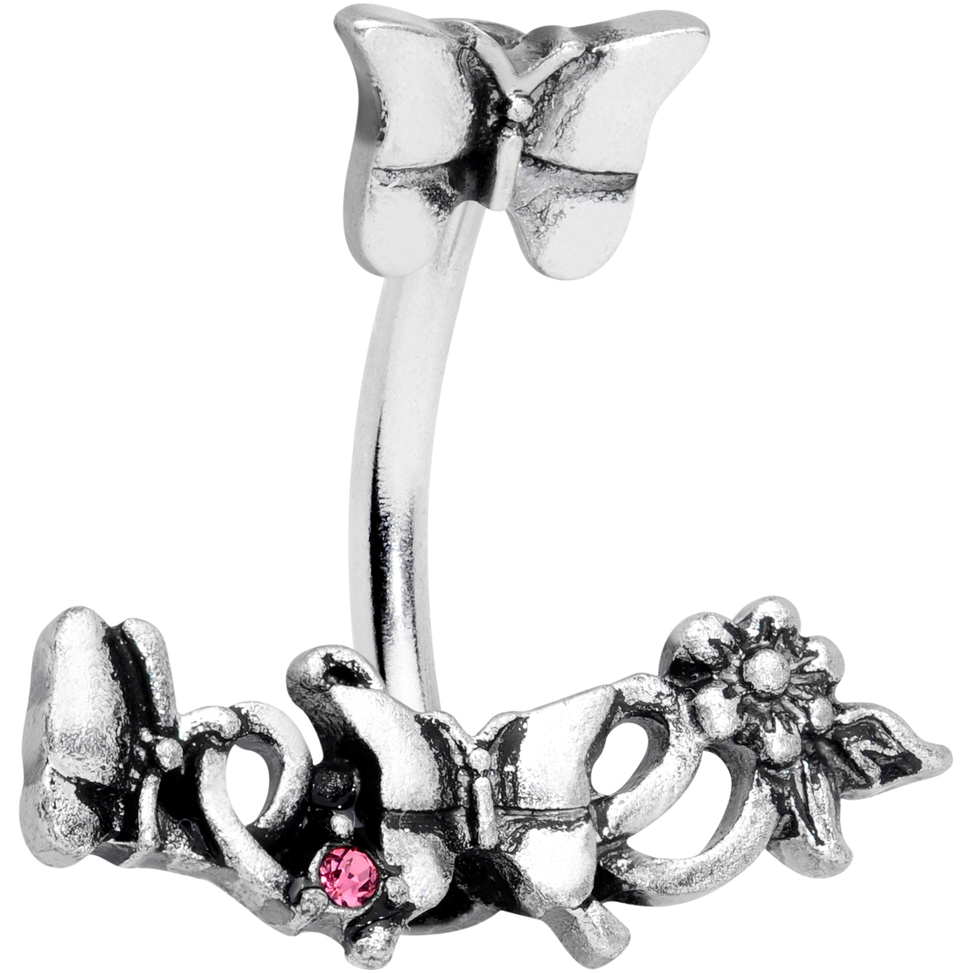 Pink Gem Butterfly Array Flower Double Mount Belly Ring