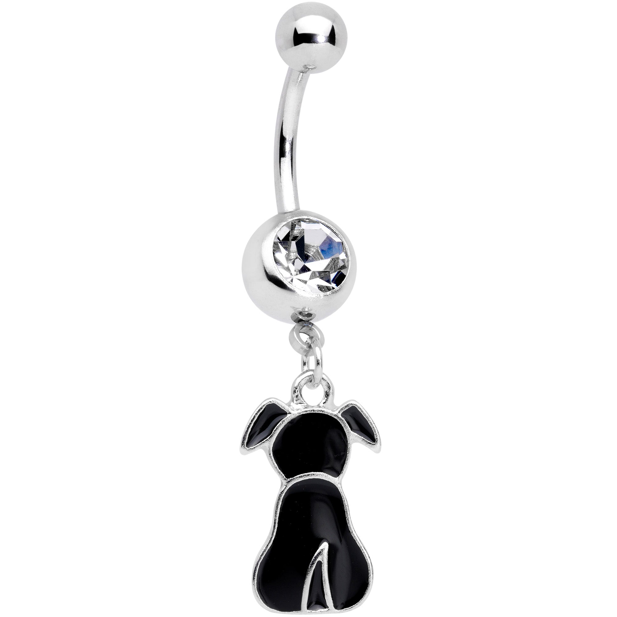 Clear Gem Black Sitting Dog Dangle Belly Ring