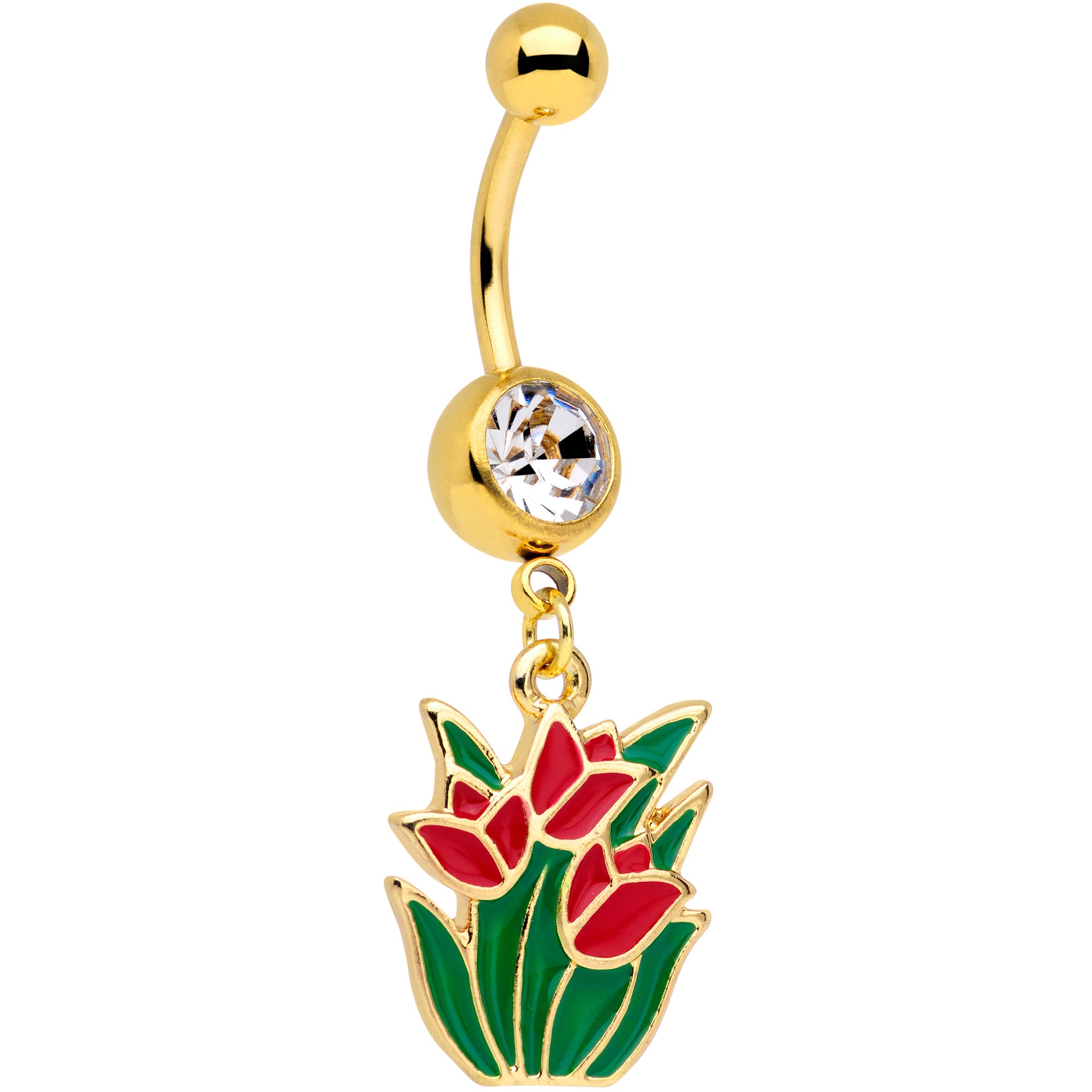 Clear Gem Gold Tone Red Tulip Flowers Dangle Belly Ring