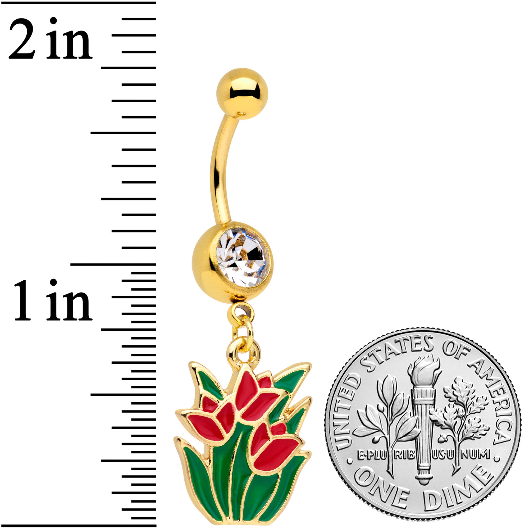 Clear Gem Gold Tone Red Tulip Flowers Dangle Belly Ring