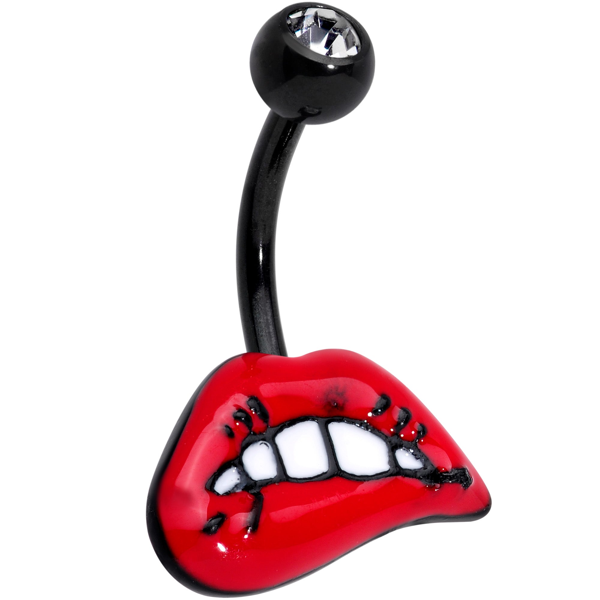 Clear Gem Black Red Sneering Bite Lips Belly Ring