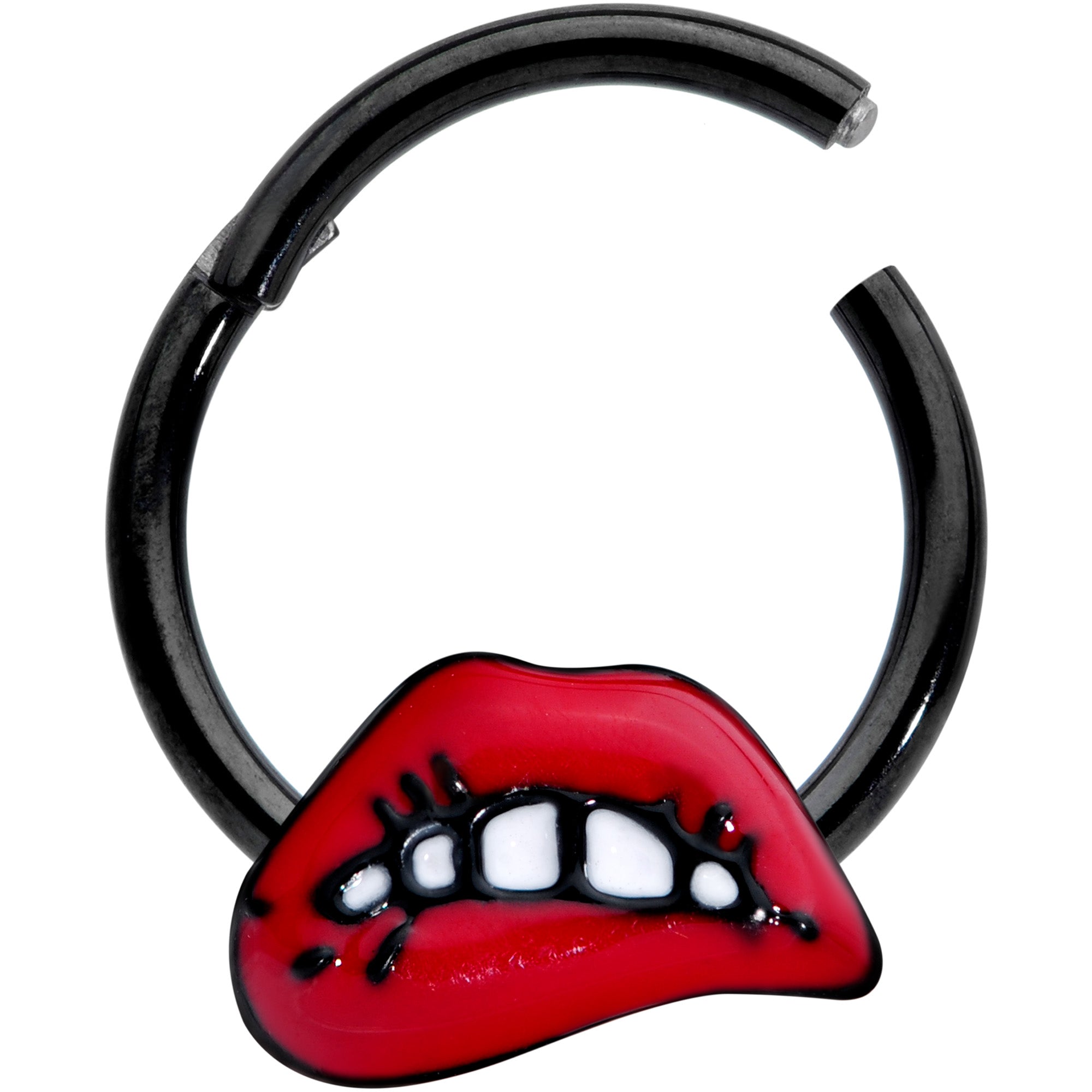 16 Gauge 3/8 Black Red Sneering Lips Bite Lips Hinged Segment Ring