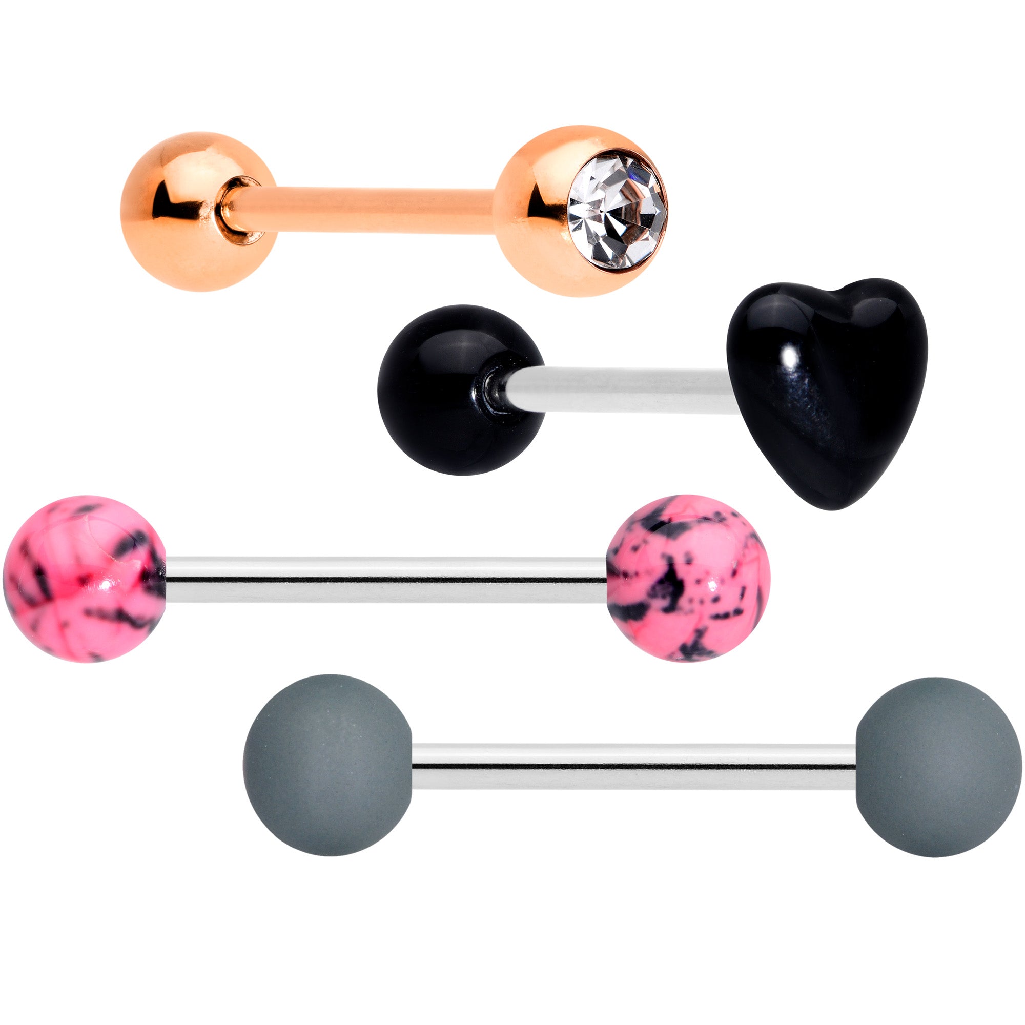 Clear Gem Rose Gold Tone Heart Pink Grey Barbell Tongue Ring Set of 4