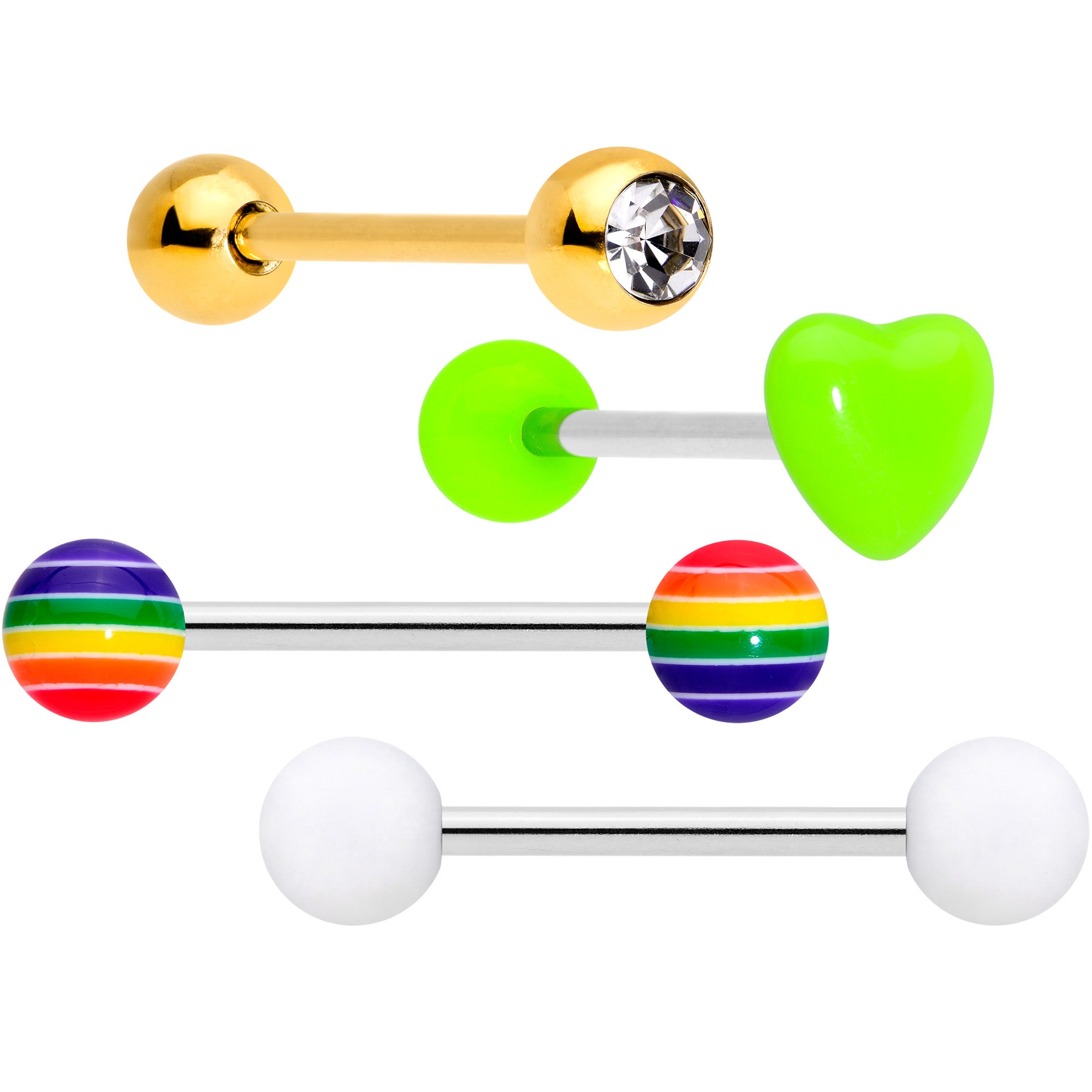 Clear Gem Gold Tone Heart Rainbow Matte Barbell Tongue Ring Set of 4