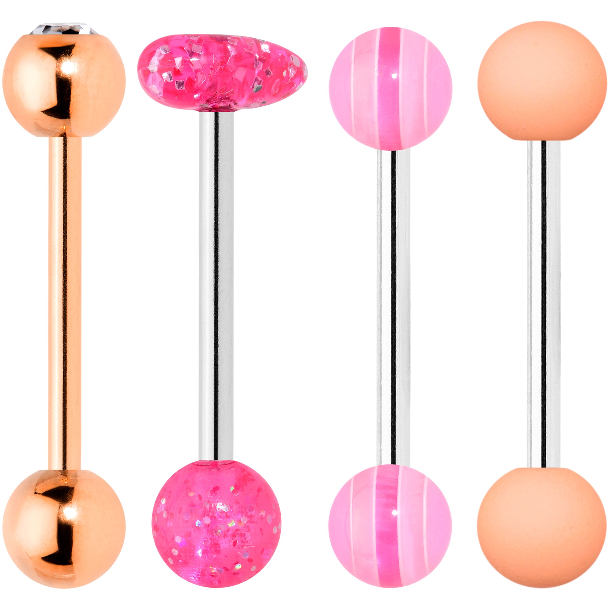 Clear Gem Rose Gold Tone Pink Heart Matte Barbell Tongue Ring Set of 4