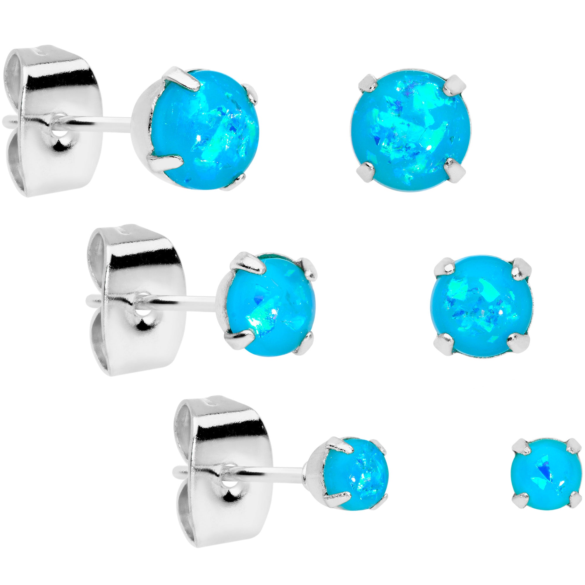 20 Gauge Blue Faux Opal 3mm to 5mm Post Stud Earrings Set of 3