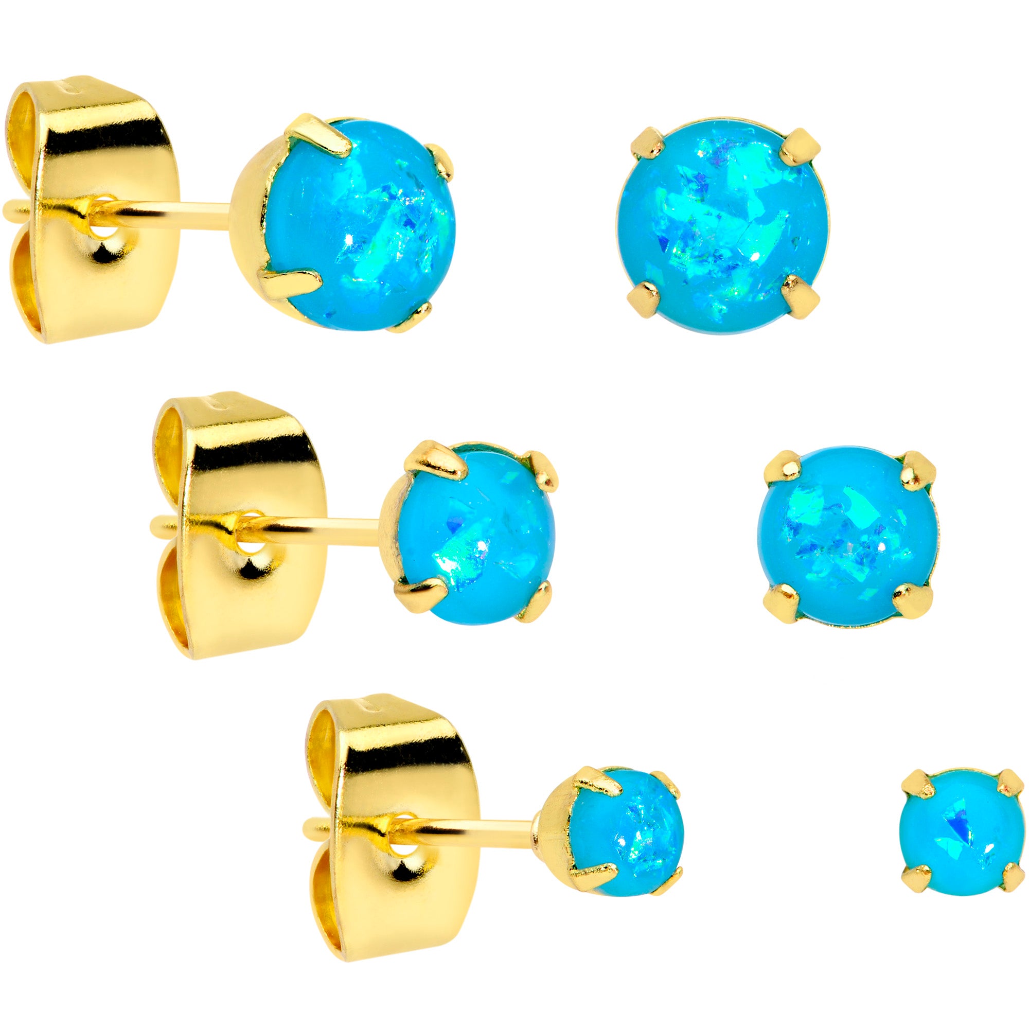 20 Gauge Blue Faux Opal Gold Tone 3mm to 5mm Stud Earrings Set of 3