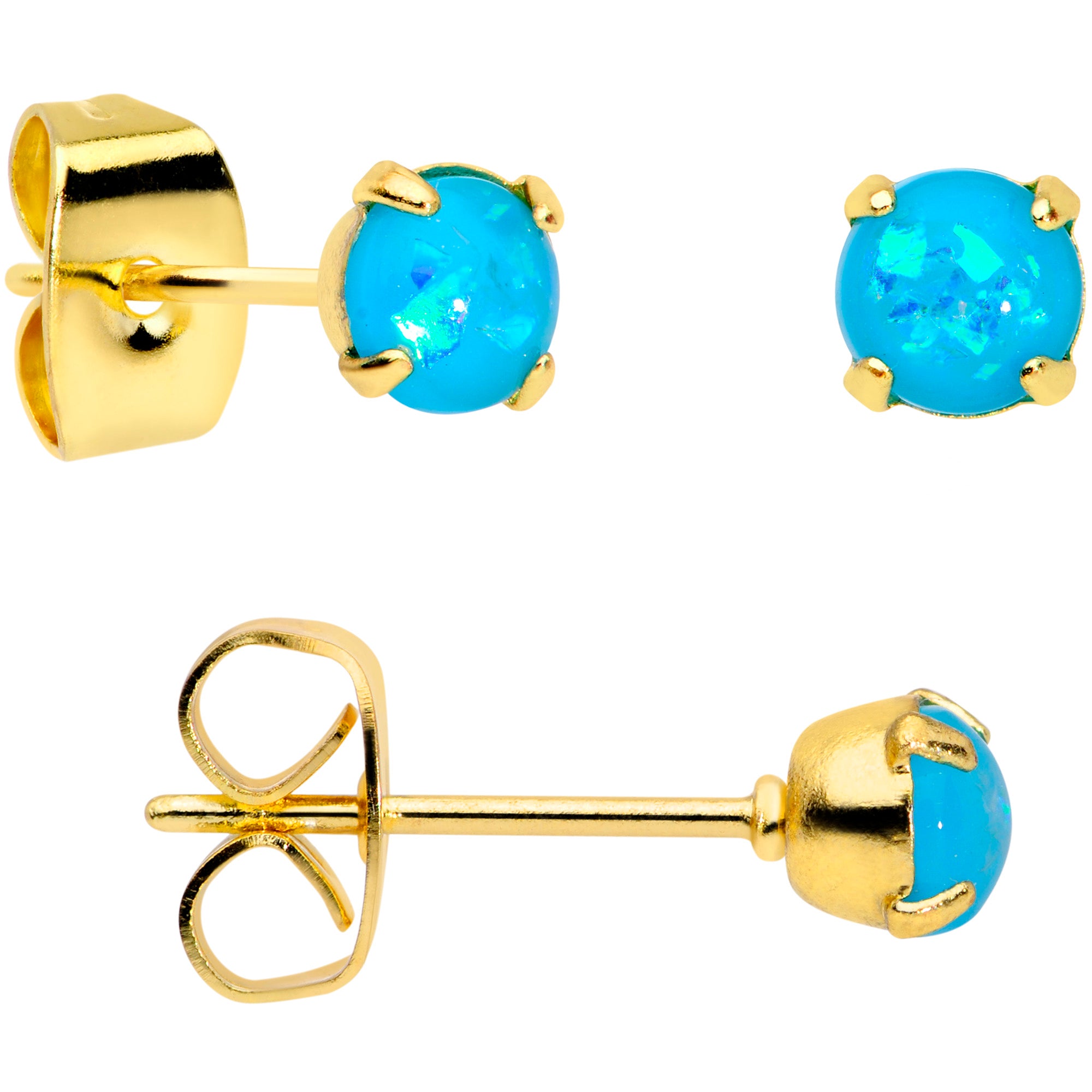 20 Gauge Blue Faux Opal Gold Tone 3mm to 5mm Stud Earrings Set of 3