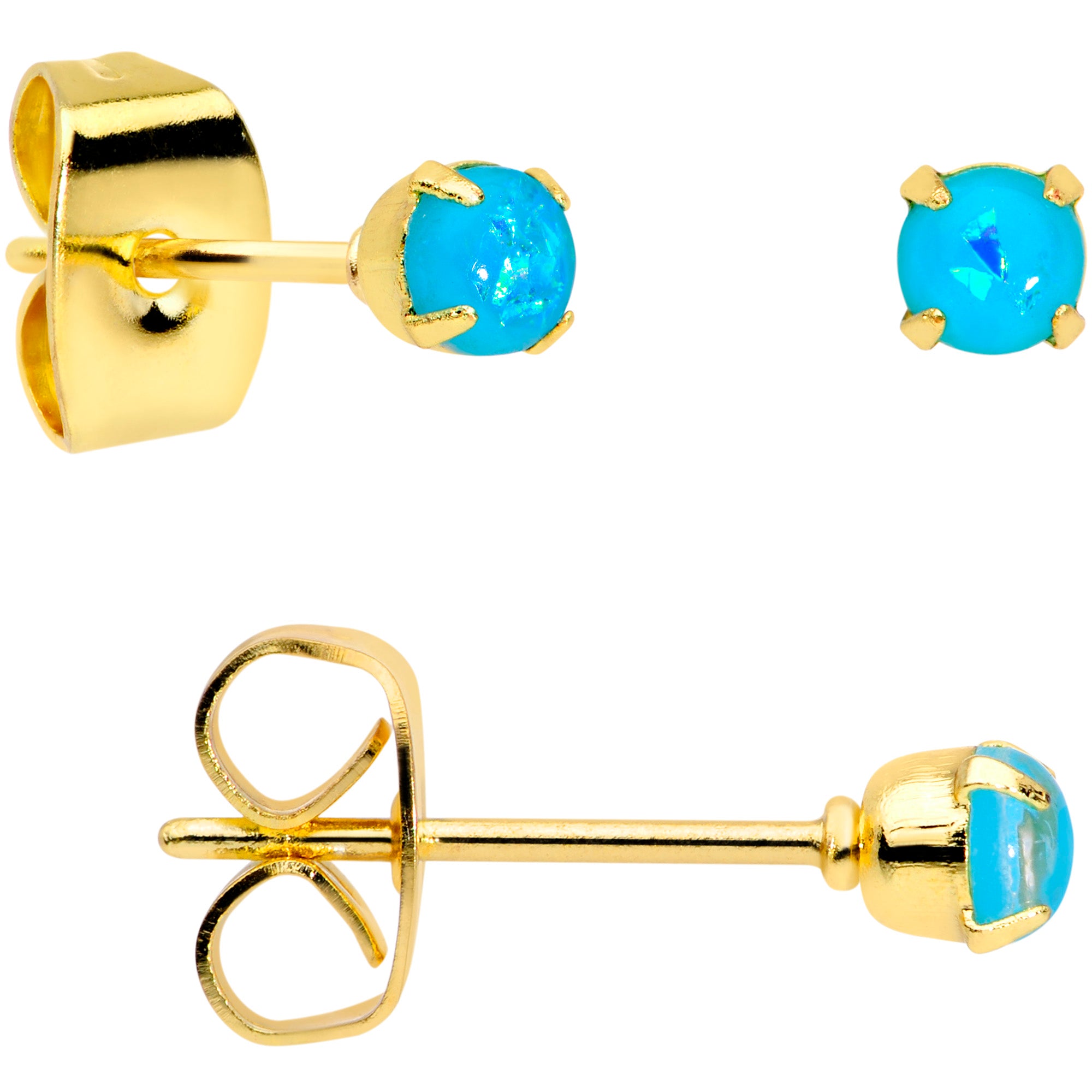 20 Gauge Blue Faux Opal Gold Tone 3mm to 5mm Stud Earrings Set of 3