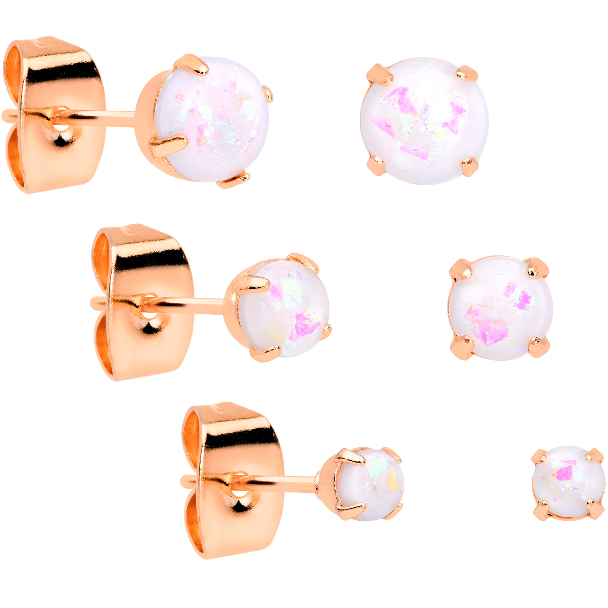 20 Gauge White Faux Opal Rose Gold Tone 3mm 5mm Stud Earrings Set of 3