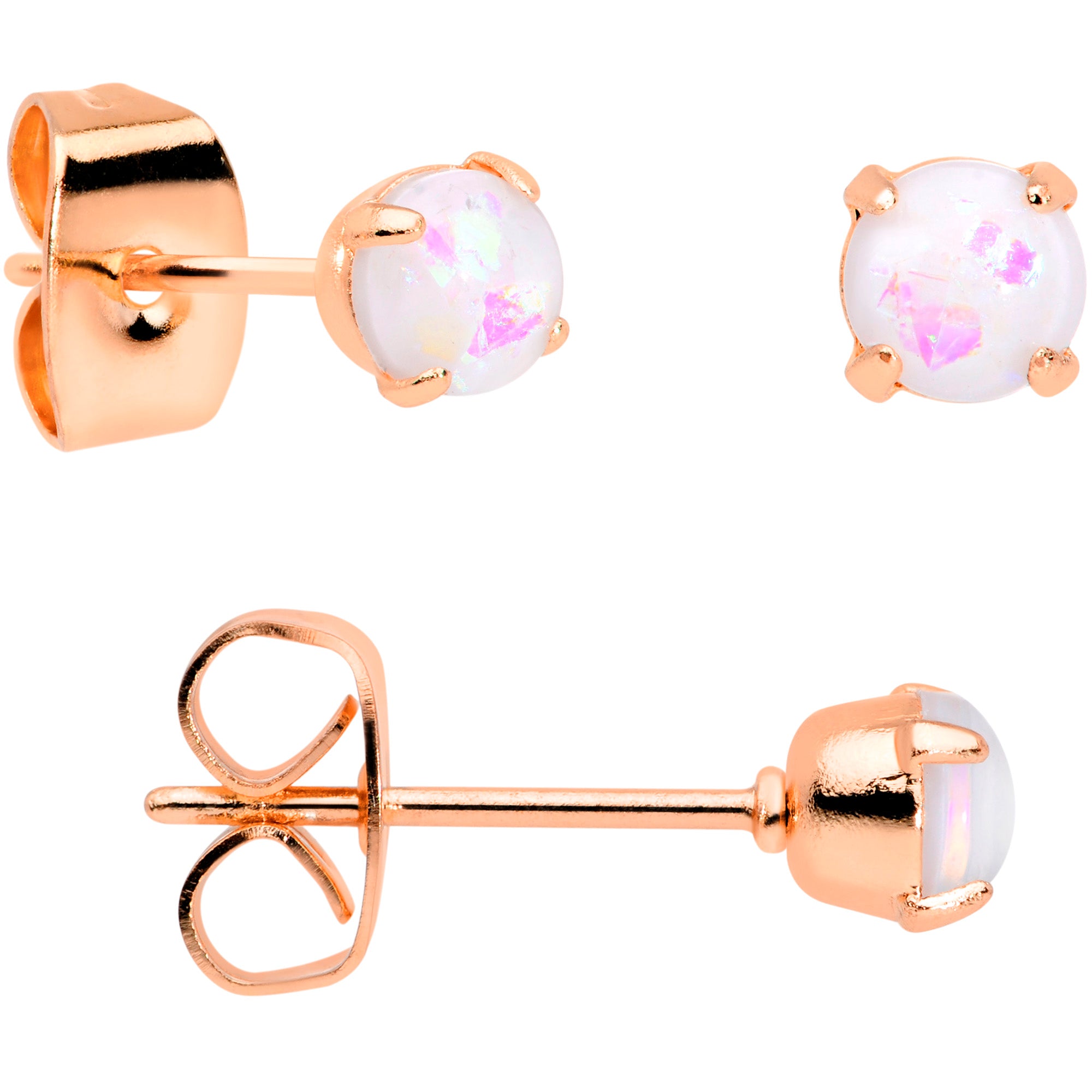 20 Gauge White Faux Opal Rose Gold Tone 3mm 5mm Stud Earrings Set of 3