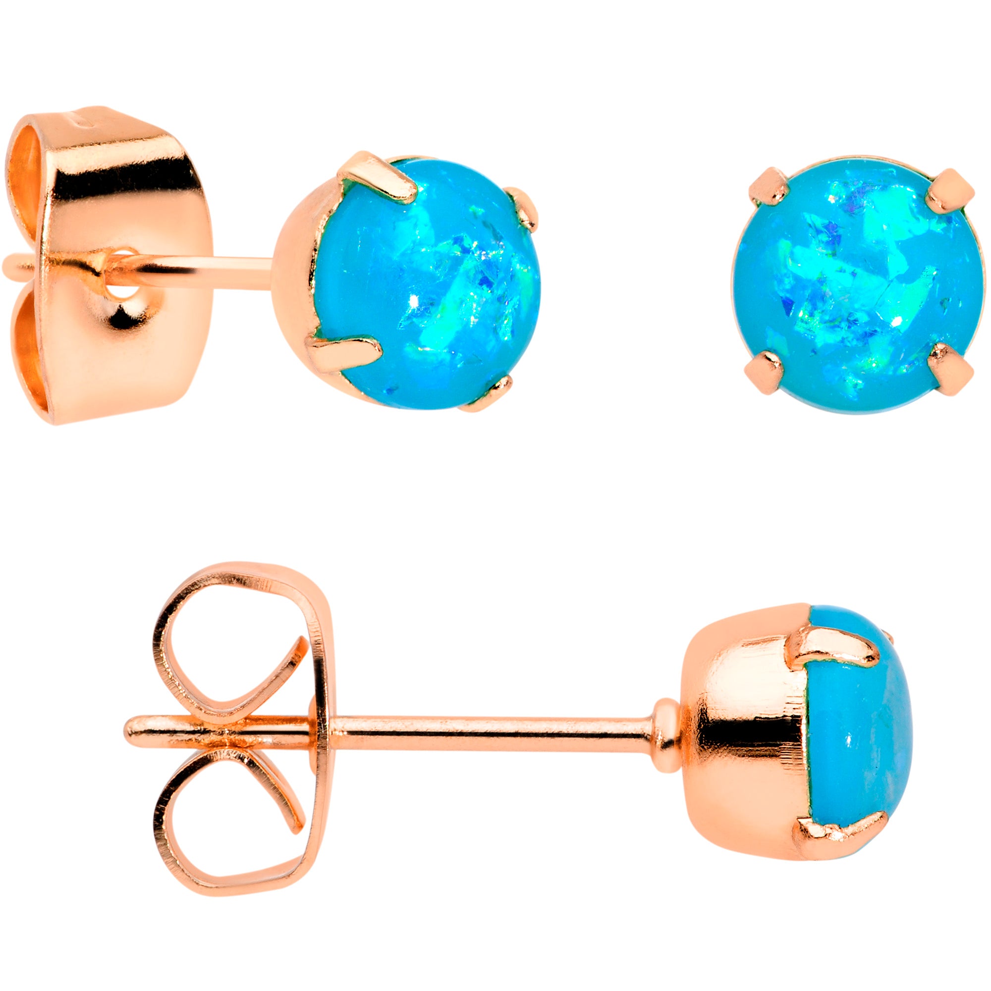 20 Gauge Blue Faux Opal Rose Gold Tone 3mm 5mm Stud Earrings Set of 3