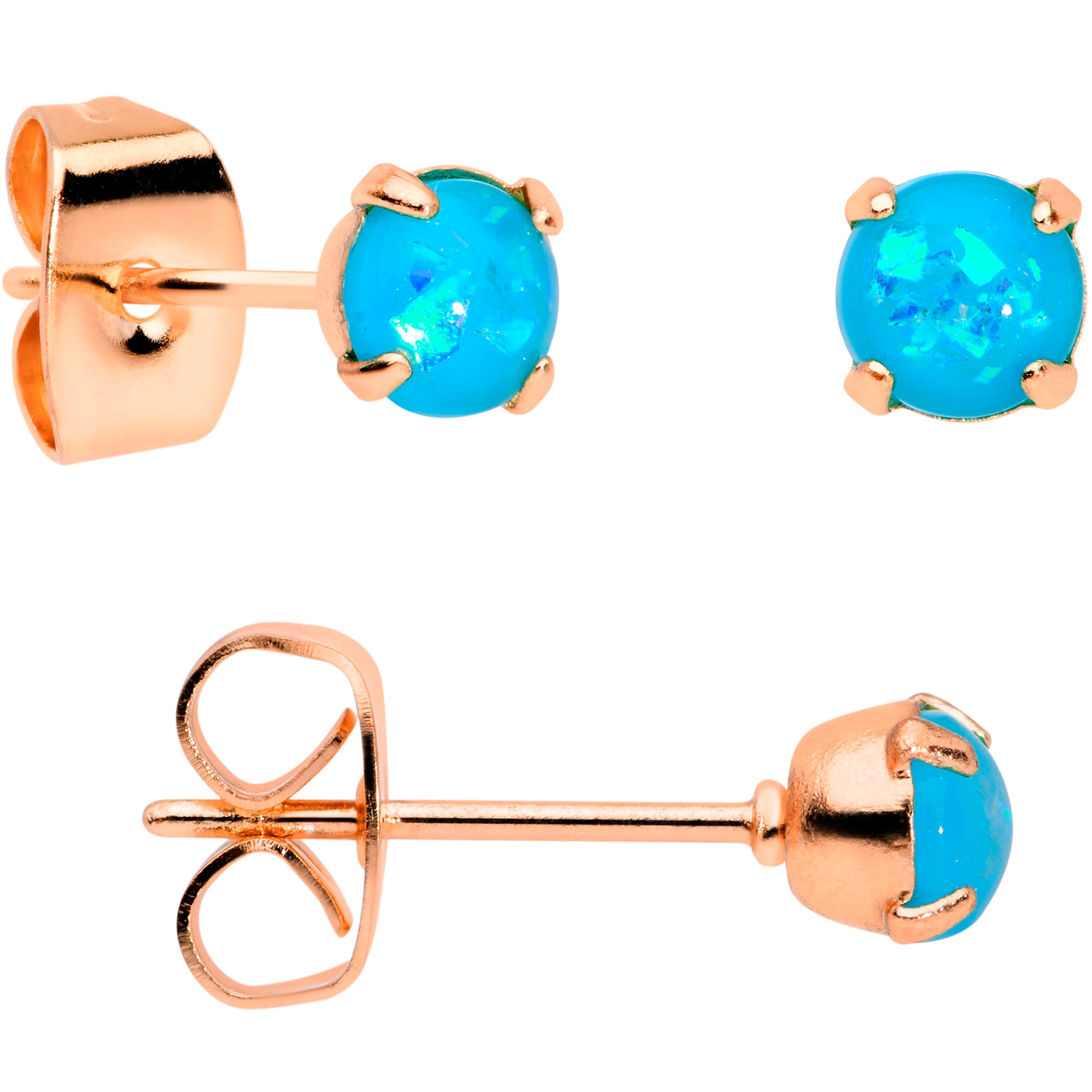 20 Gauge Blue Faux Opal Rose Gold Tone 3mm 5mm Stud Earrings Set of 3