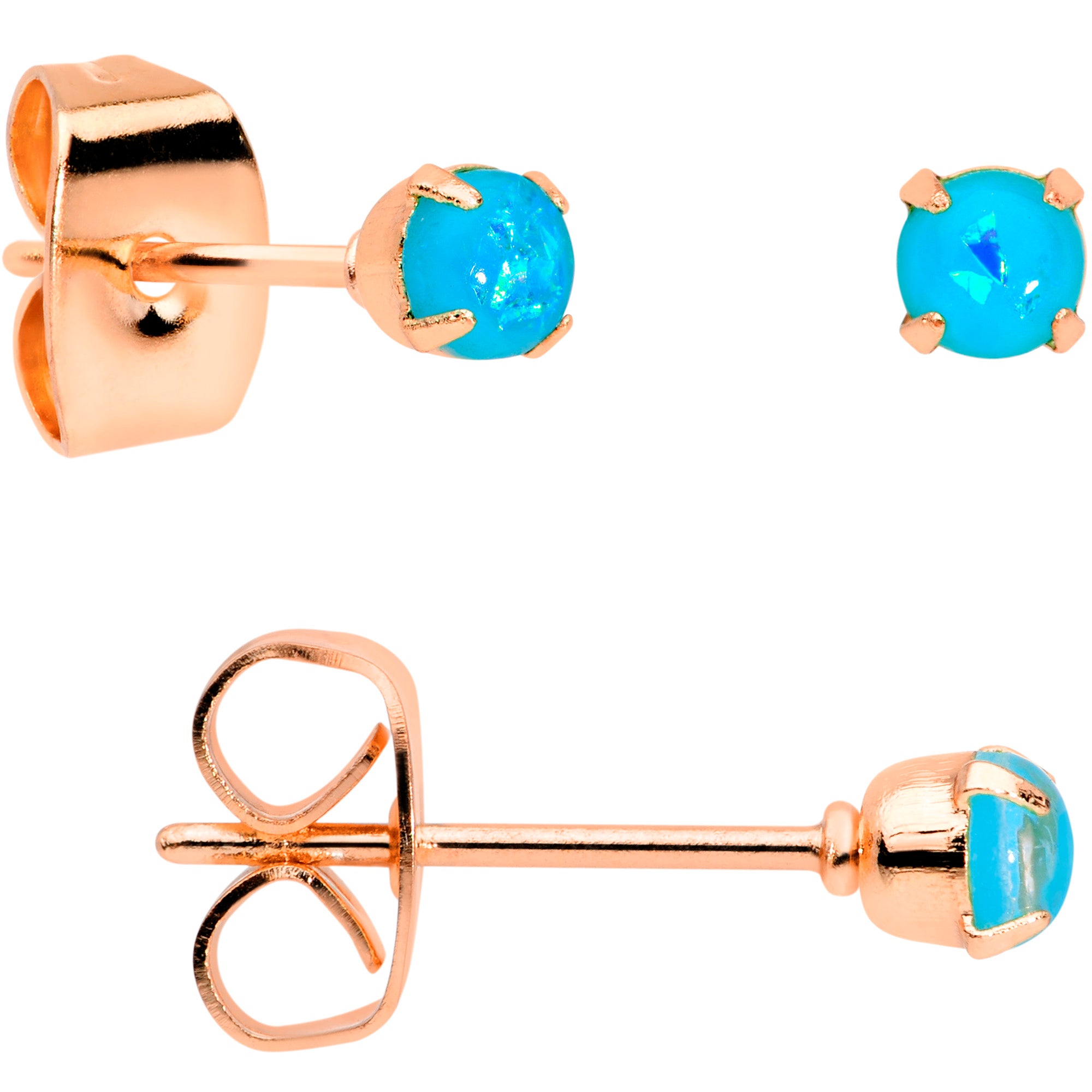 20 Gauge Blue Faux Opal Rose Gold Tone 3mm 5mm Stud Earrings Set of 3