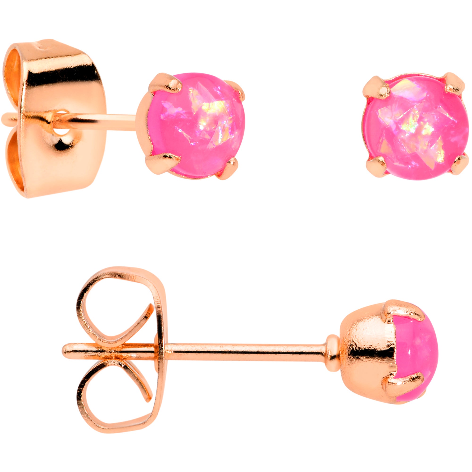 20 Gauge Pink Faux Opal Rose Gold Tone 3mm 5mm Stud Earrings Set of 3