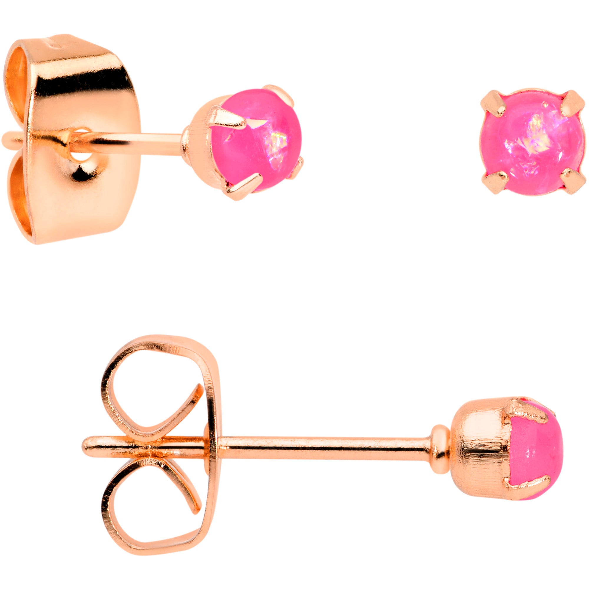 20 Gauge Pink Faux Opal Rose Gold Tone 3mm 5mm Stud Earrings Set of 3