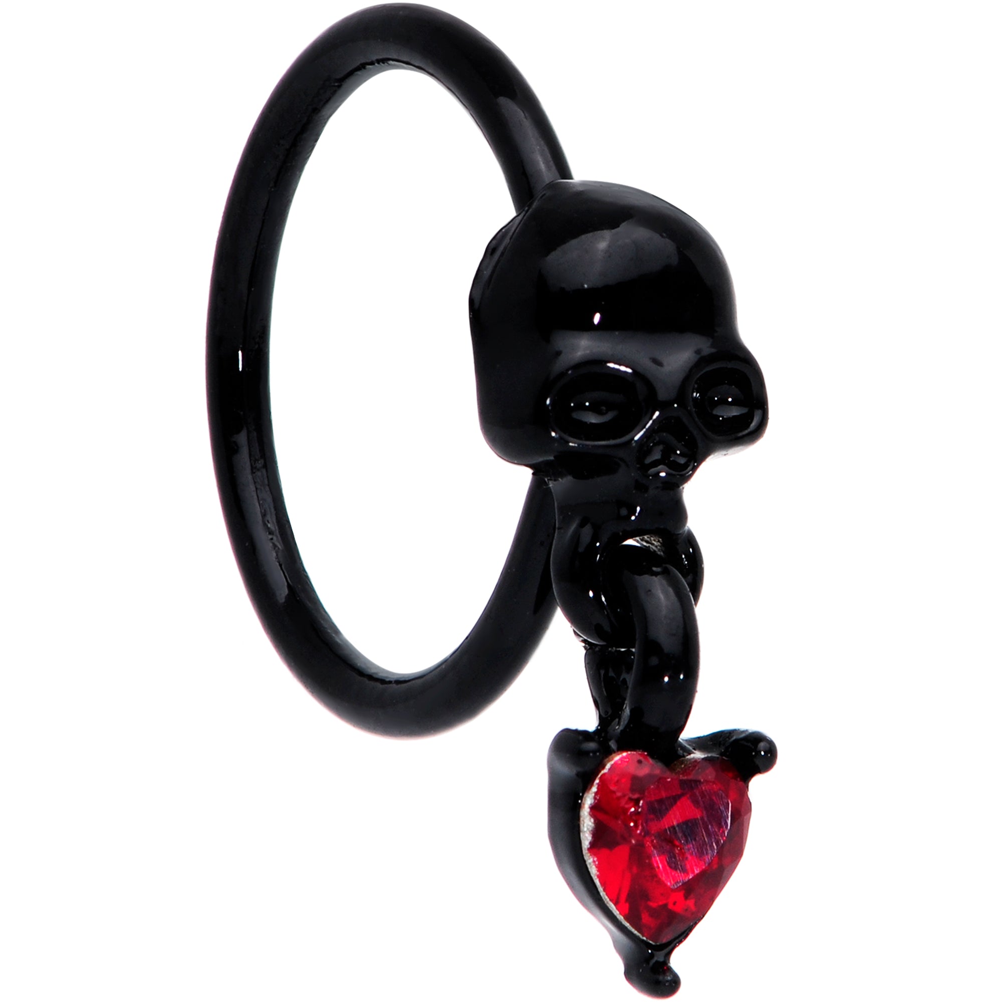 18 Gauge 3/8 Red CZ Gem Heart Black Skull Halloween Nose Hoop