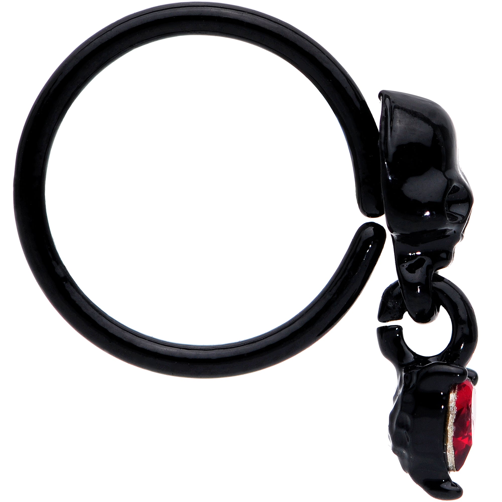 18 Gauge 3/8 Red CZ Gem Heart Black Skull Halloween Nose Hoop