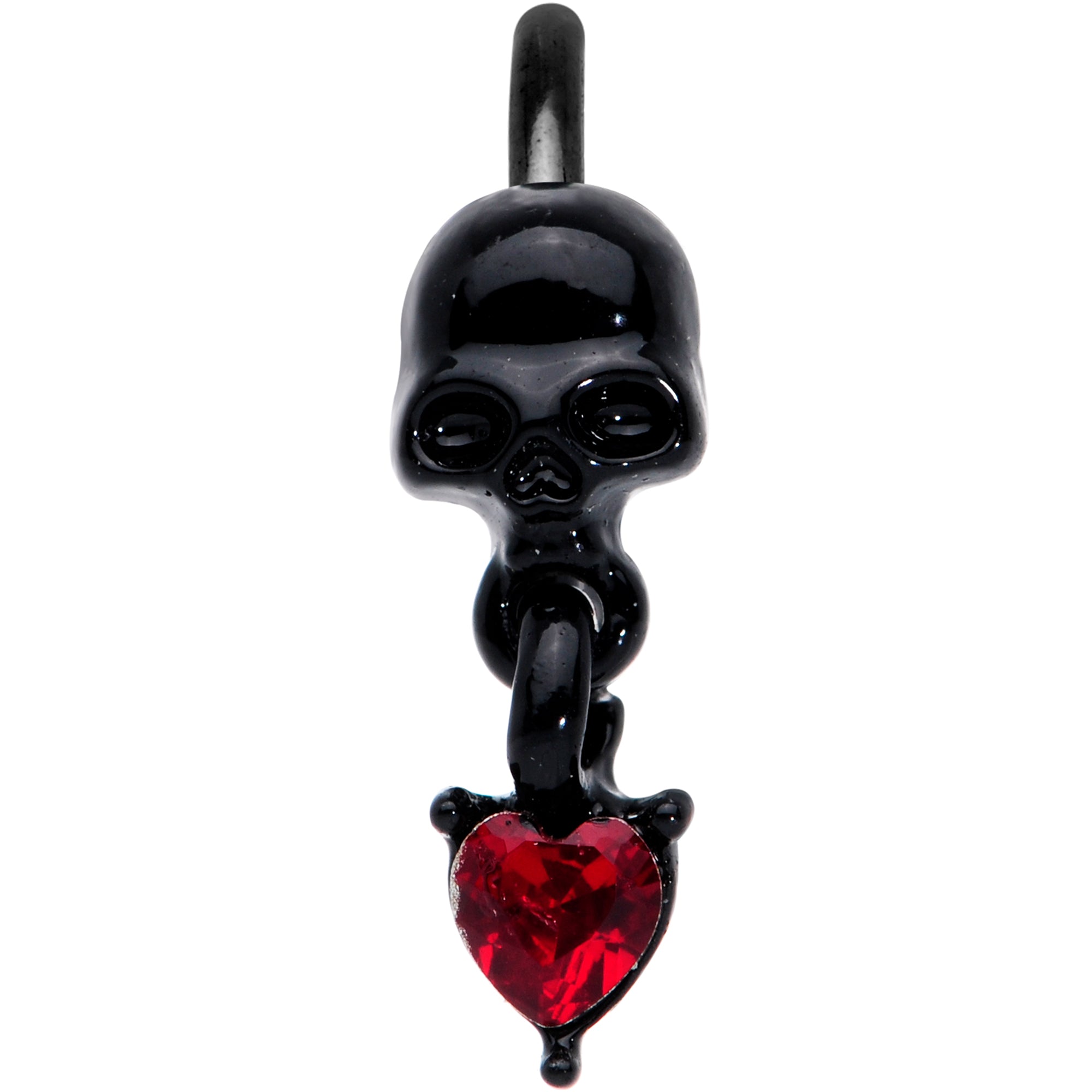 18 Gauge 3/8 Red CZ Gem Heart Black Skull Halloween Nose Hoop