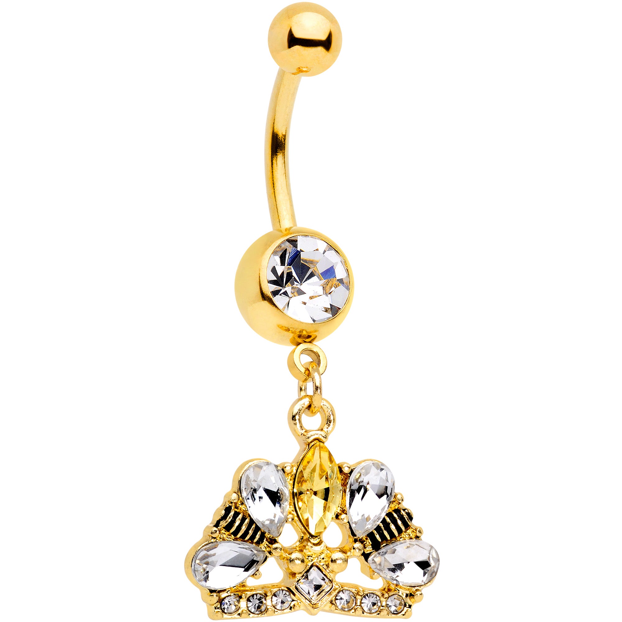 Clear CZ Gem Gold Tone Lavish Crown Dangle Belly Ring