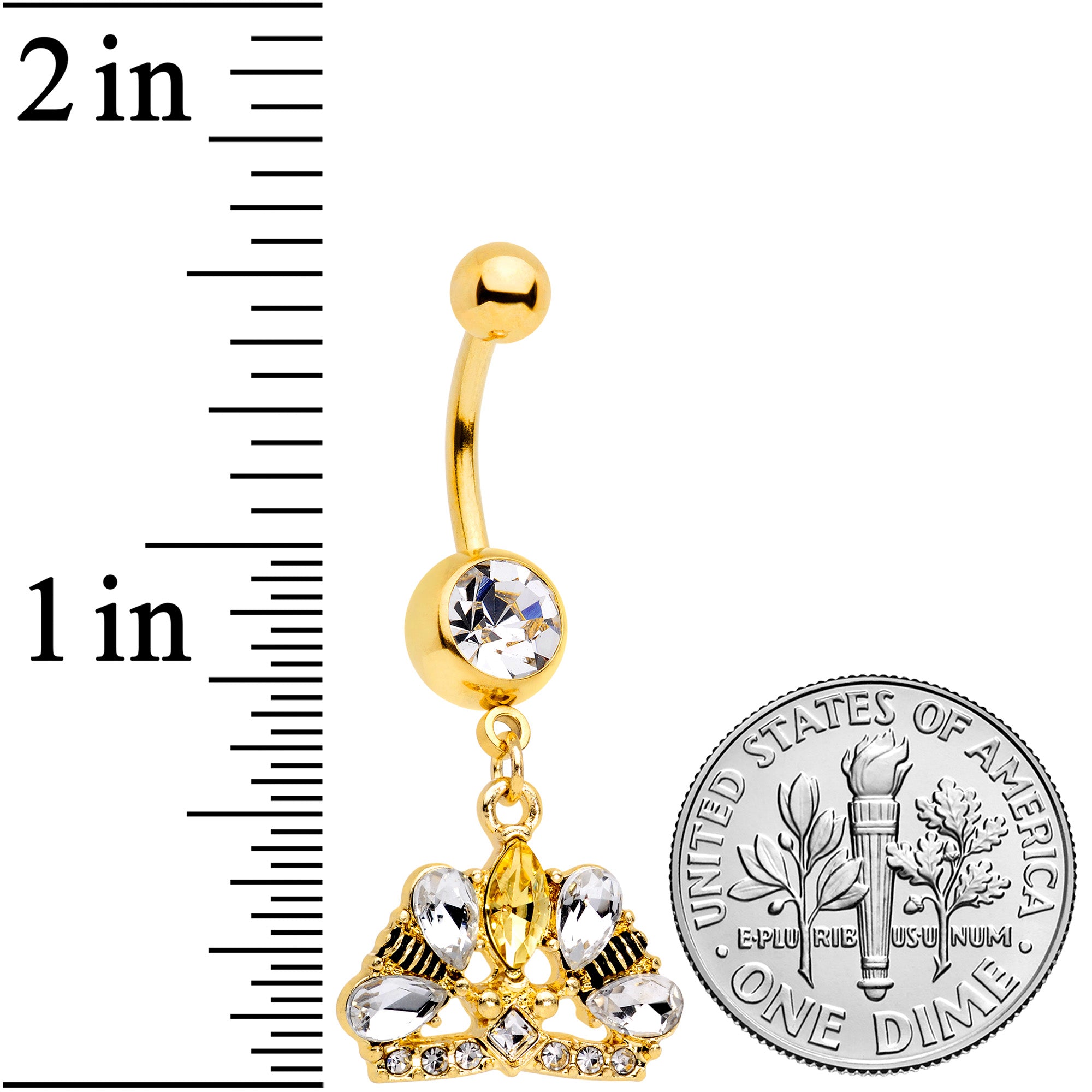 Clear CZ Gem Gold Tone Lavish Crown Dangle Belly Ring