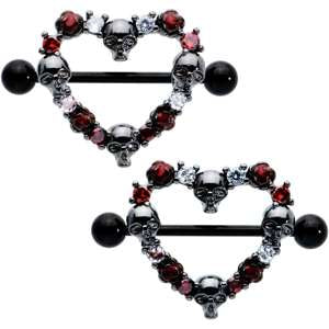 14 Gauge 7/8 Red CZ Gem Black Skull Heart Halloween Nipple Shield Set