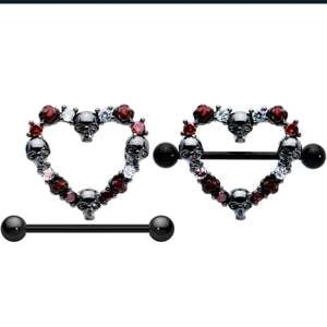 14 Gauge 7/8 Red CZ Gem Black Skull Heart Halloween Nipple Shield Set