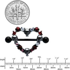 14 Gauge 7/8 Red CZ Gem Black Skull Heart Halloween Nipple Shield Set