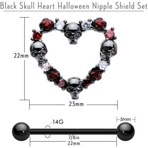 14 Gauge 7/8 Red CZ Gem Black Skull Heart Halloween Nipple Shield Set