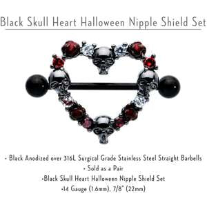 14 Gauge 7/8 Red CZ Gem Black Skull Heart Halloween Nipple Shield Set