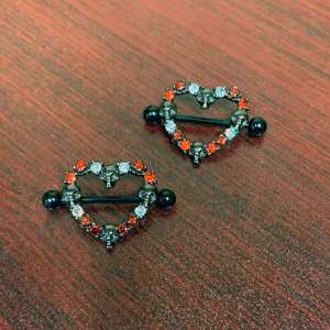 14 Gauge 7/8 Red CZ Gem Black Skull Heart Halloween Nipple Shield Set