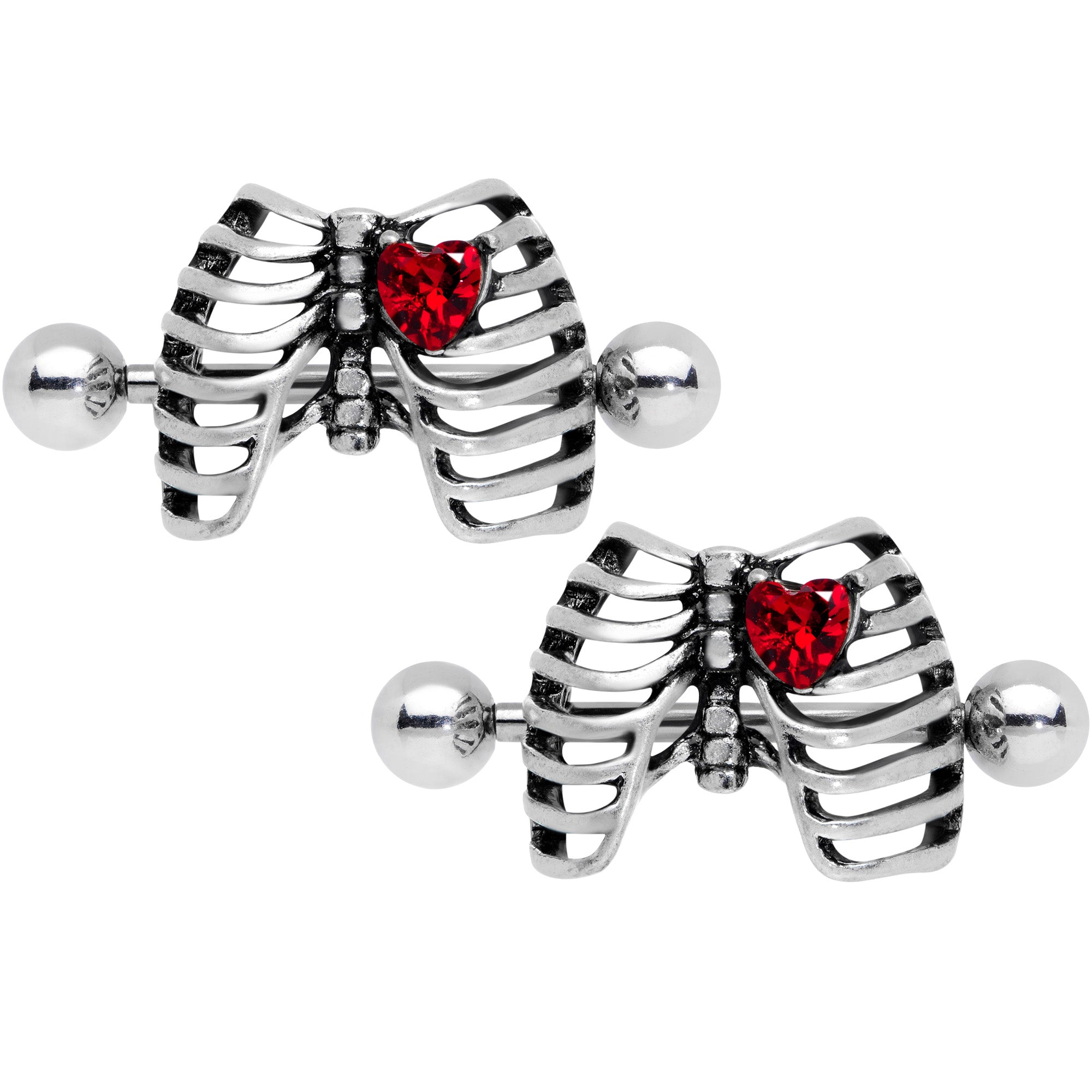 14 Gauge 9/16 Red CZ Gem Heart Skeleton Halloween Nipple Shield Set