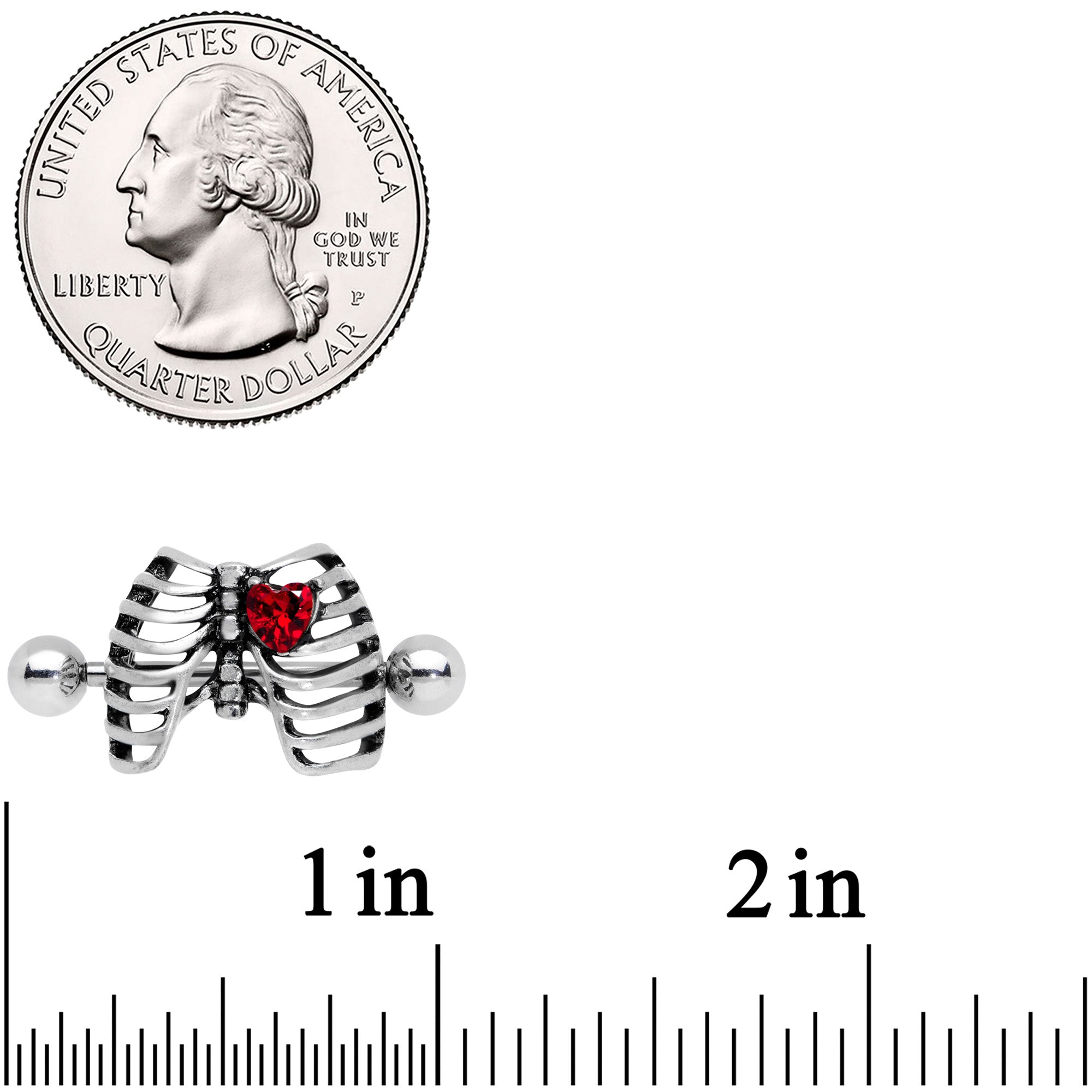 14 Gauge 9/16 Red CZ Gem Heart Skeleton Halloween Nipple Shield Set