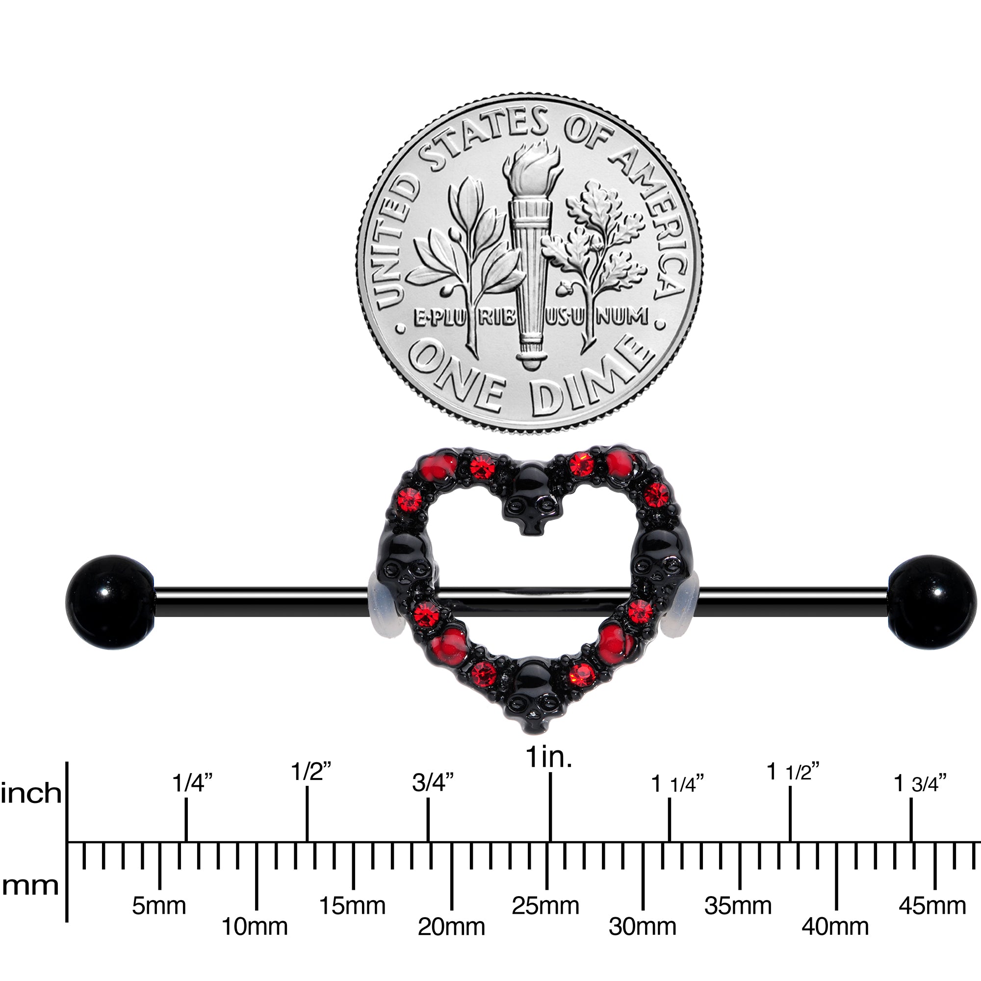 14 Gauge Red CZ Gem Black Skull Heart Halloween Industrial Barbell 38mm