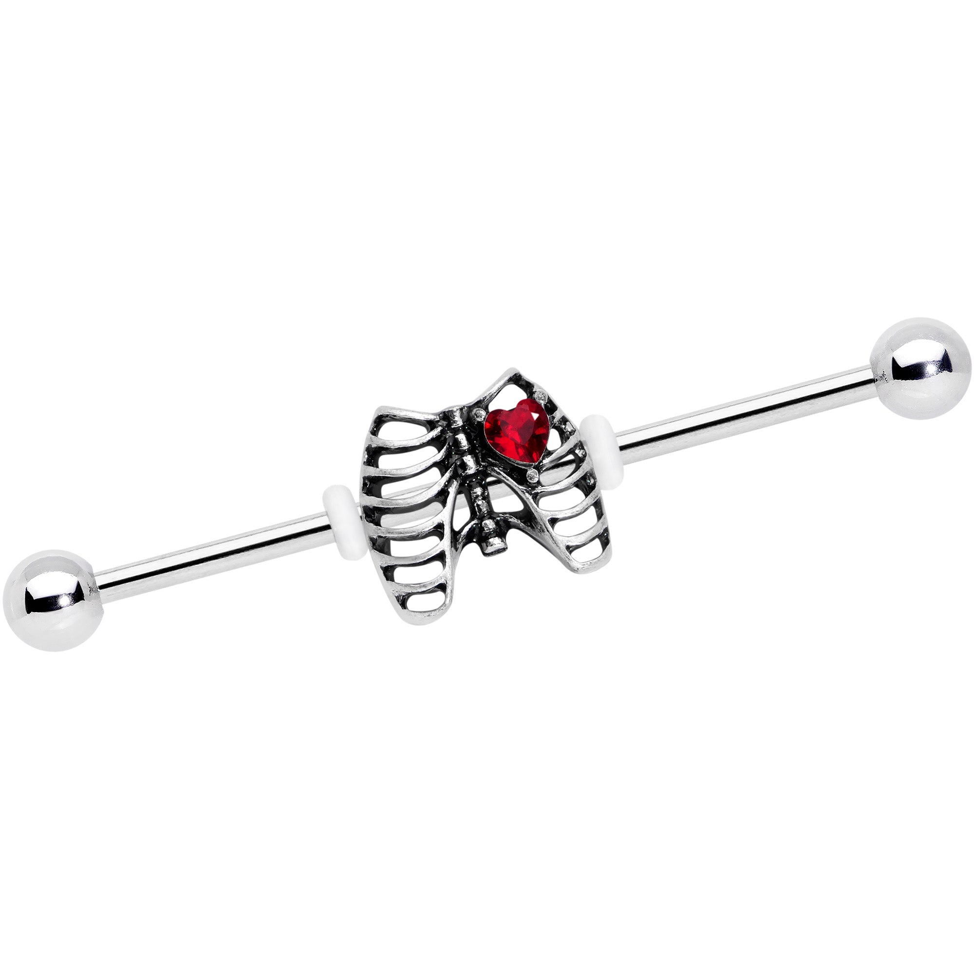 14 Gauge Red CZ Gem Heart Skeleton Halloween Industrial Barbell 38mm