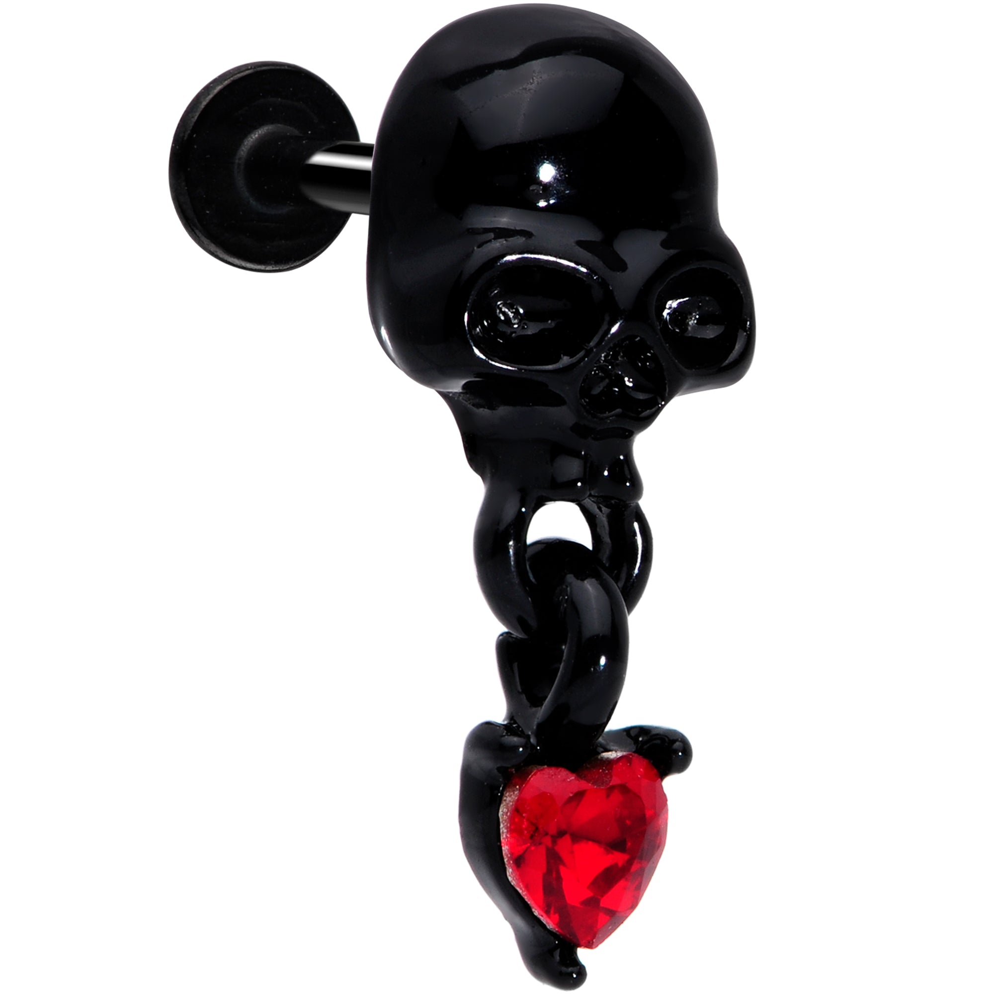 16 Gauge 5/16 Red CZ Gem Heart Black Skull Halloween Labret Tragus