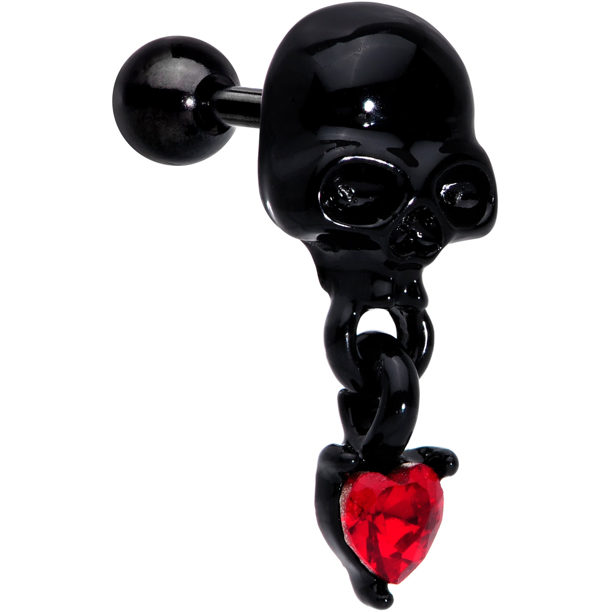 16 Gauge 1/4 Red CZ Gem Heart Black Skull Halloween Cartilage Earring