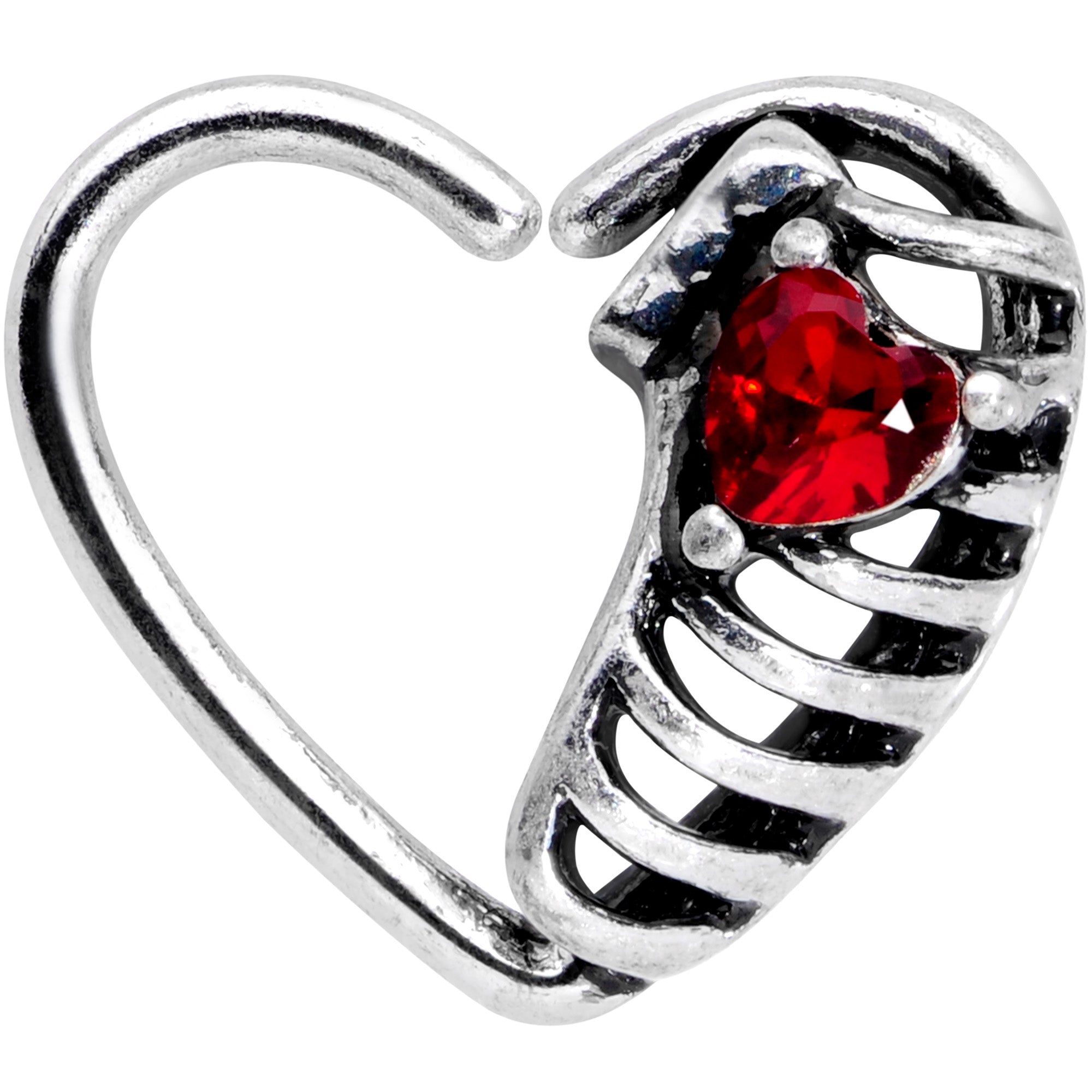 16 Gauge 1/4 Red CZ Gem Heart Ribs Halloween Left Side Closure Ring